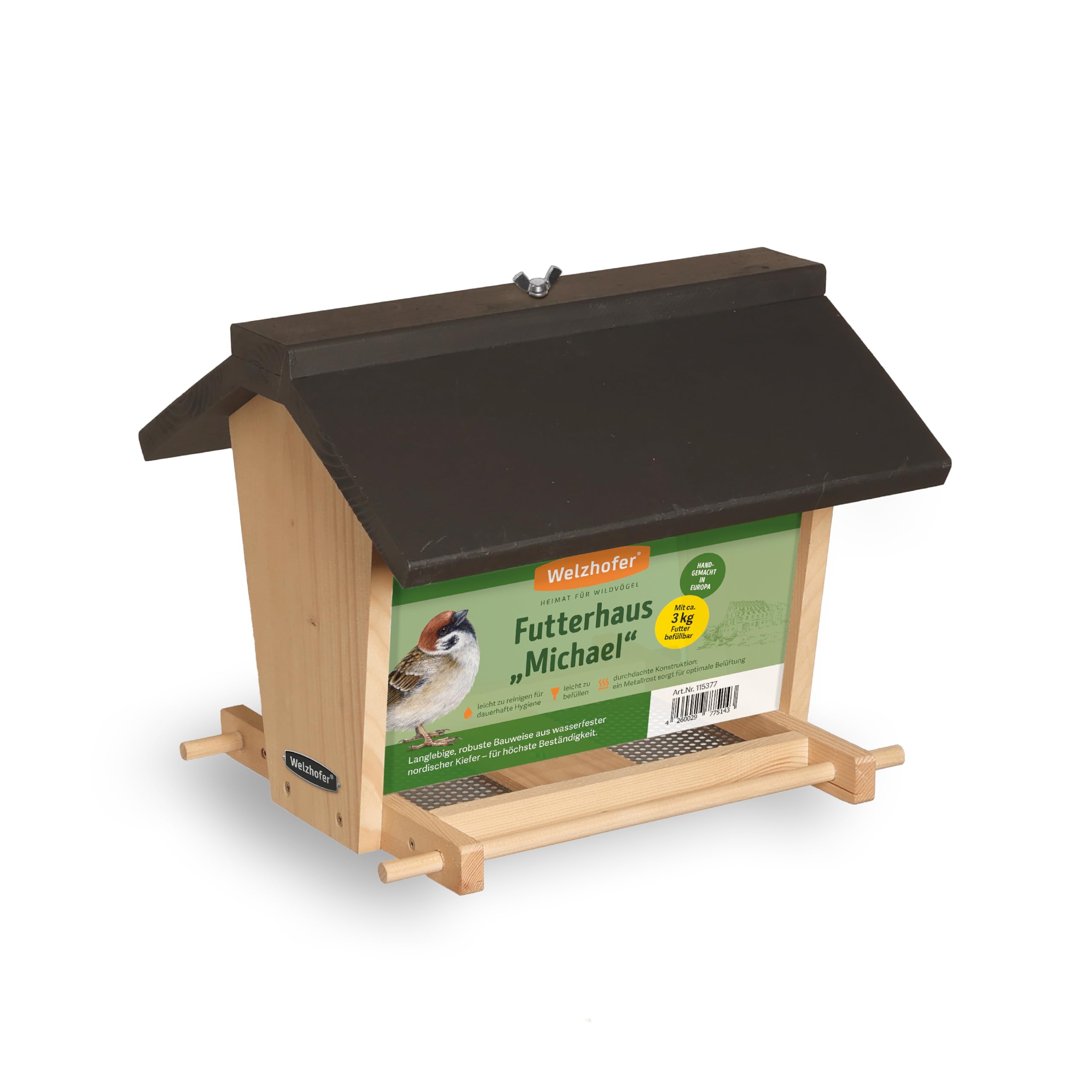 Vogelfutterhaus „Michael“ aus Kiefernholz zum Aufstellen – großes Vogelhaus mit 3 kg Füllmenge, leicht zu reinigen & zu befüllen, wetterfest, ohne Standfuß, Futterhaus handgemacht in Europa
