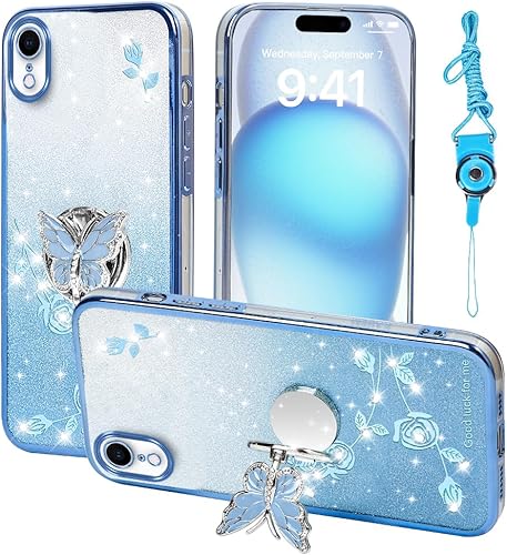Funda protectora para Apple iPhone XR, para mujeres y niñas, funda protectora de TPU con diseño floral de mariposa con purpurina y soporte + correa