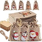 Homum 25 Pcs Christmas Burlap Gift Bags with Drawstring and Tags - 4x6 Inch Tiny Small Gift Bags for Xmas Candy and Christmas Supplies
