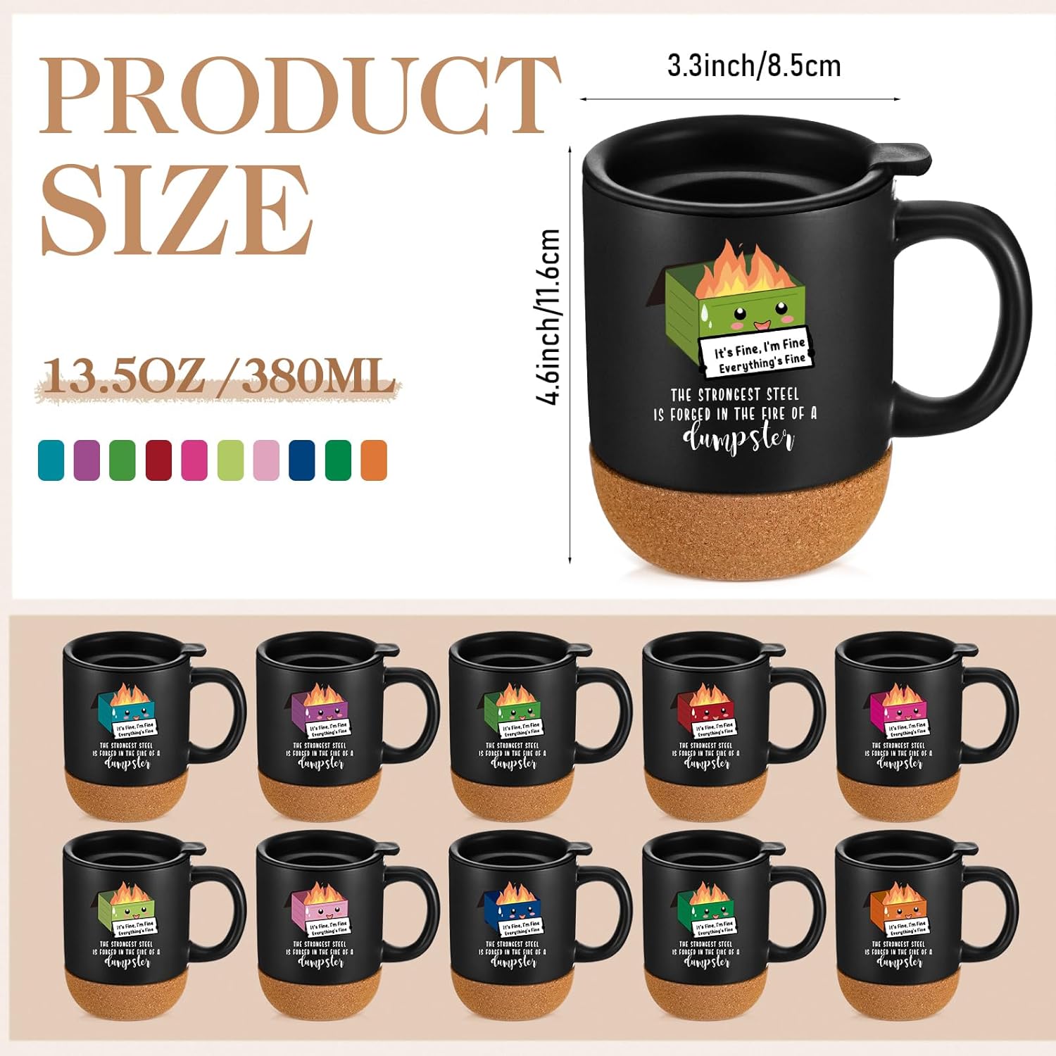 10 Pcs Dumpster Fire Mug Bulk with Removable Cork Bottom for Coworker Funny Office Supplies Emotional Support Coffee Mugs Appreciation Gifts for Coworker Teacher Nurse, 13.5 oz