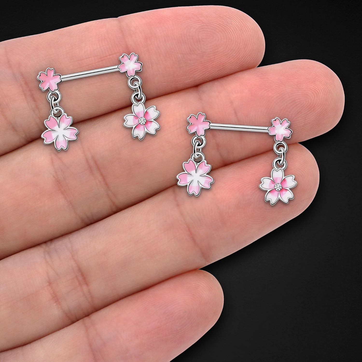 Surgical Steel Nipple Jewelry with White and Pink Flowers, Piercing Bar Nipple Decor Ring Fetish Breast Piercing