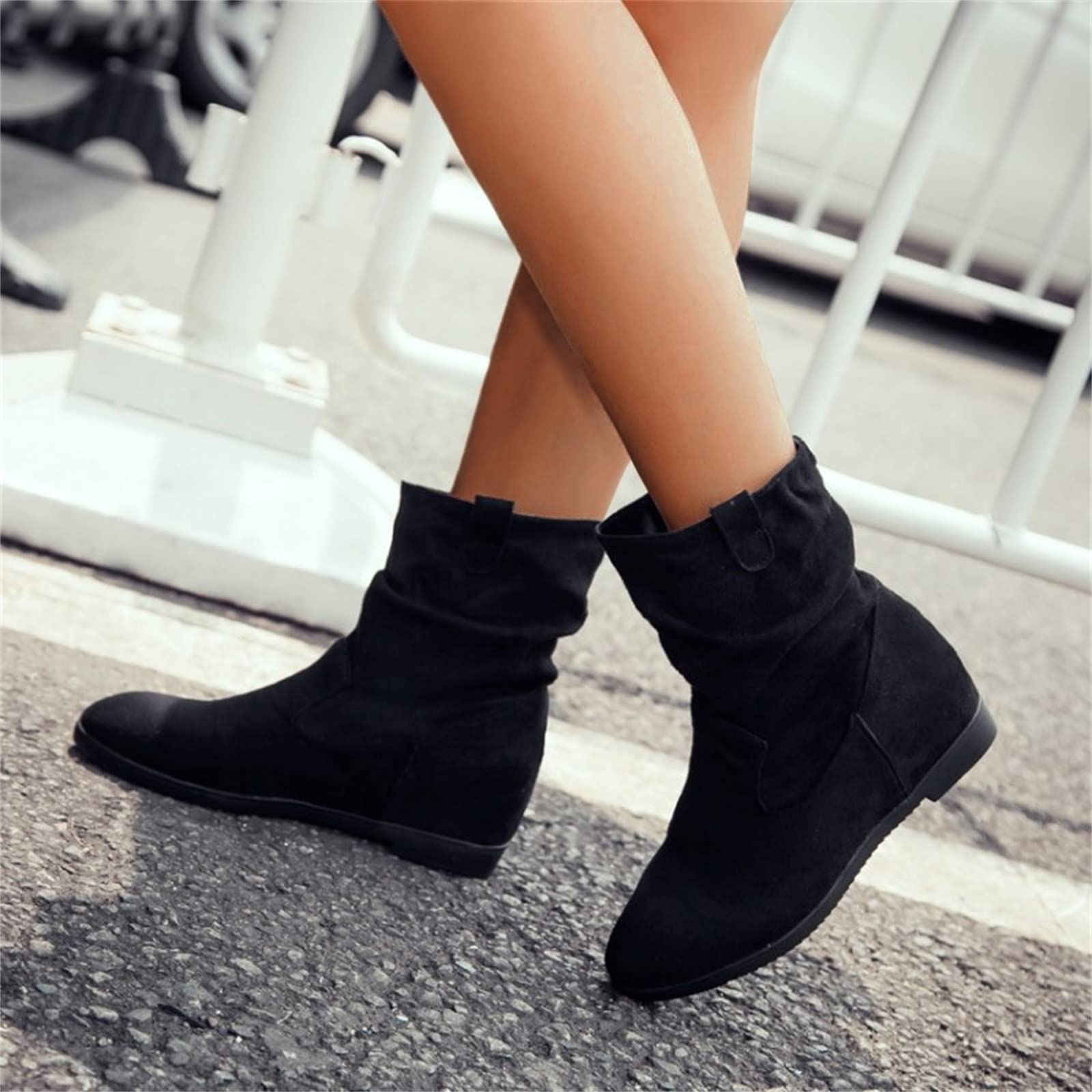 Cocila Botas Casuales De Cabeza Redonda Plisada Ante Color Sólido A La Estilo Británico para Mujer Camperas Blancas Altas Invierno Planas Barefoot Botines Tacon Fino Bajo Planos Pitillos Lluvia