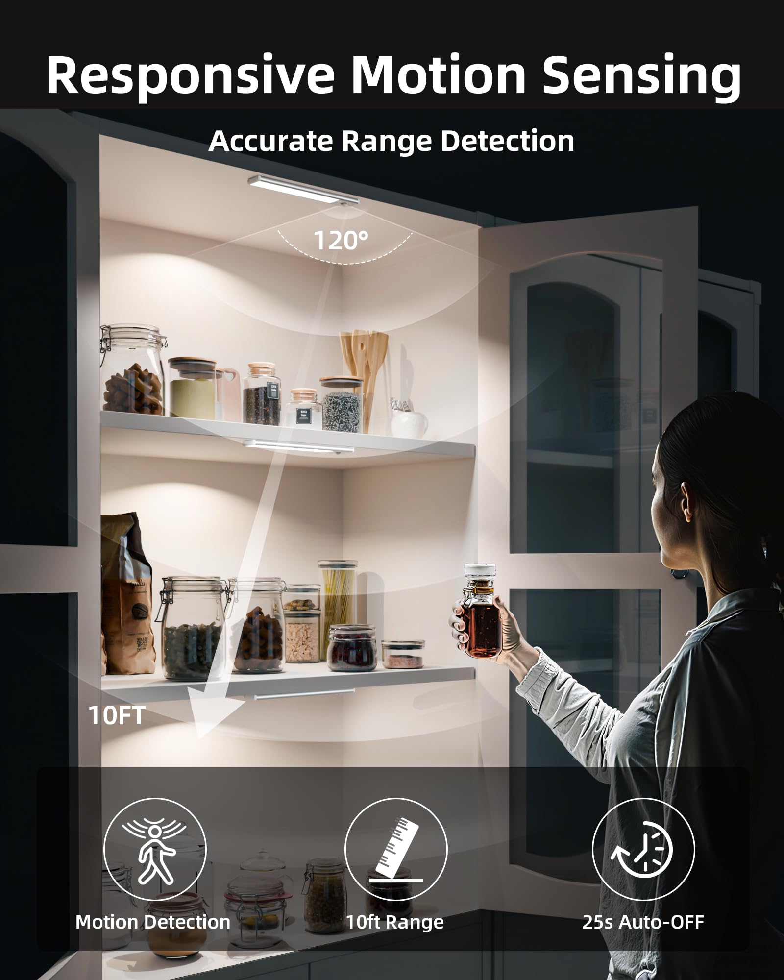 EZVALO Cucina Armadio Luce LED 20CM, 62 LED con Rilevatore di Movimento, 3 Modalità di Colore Dimmerabile Luci Armadio Ricaricabile senza Fili per Armadio, Cucina, Scale, Bianco (2 Pezzi)