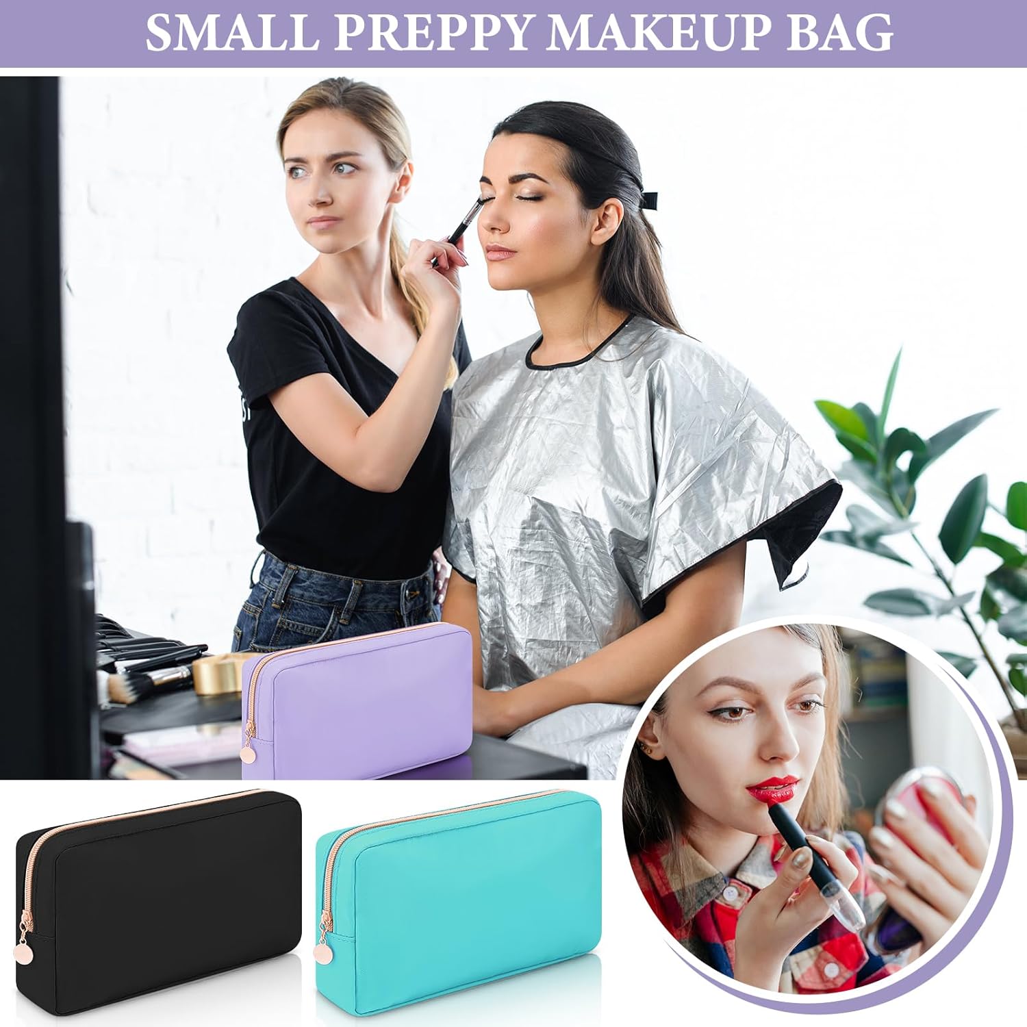 Hushee 4 Pcs Nylon Makeup Bag Travel Makeup Bags for Women Preppy Zipper Pouch Nylon Toiletry Bag Waterproof Storage Organizer(Small,Black, Fuchsia, Mint, Grape) - Image 4