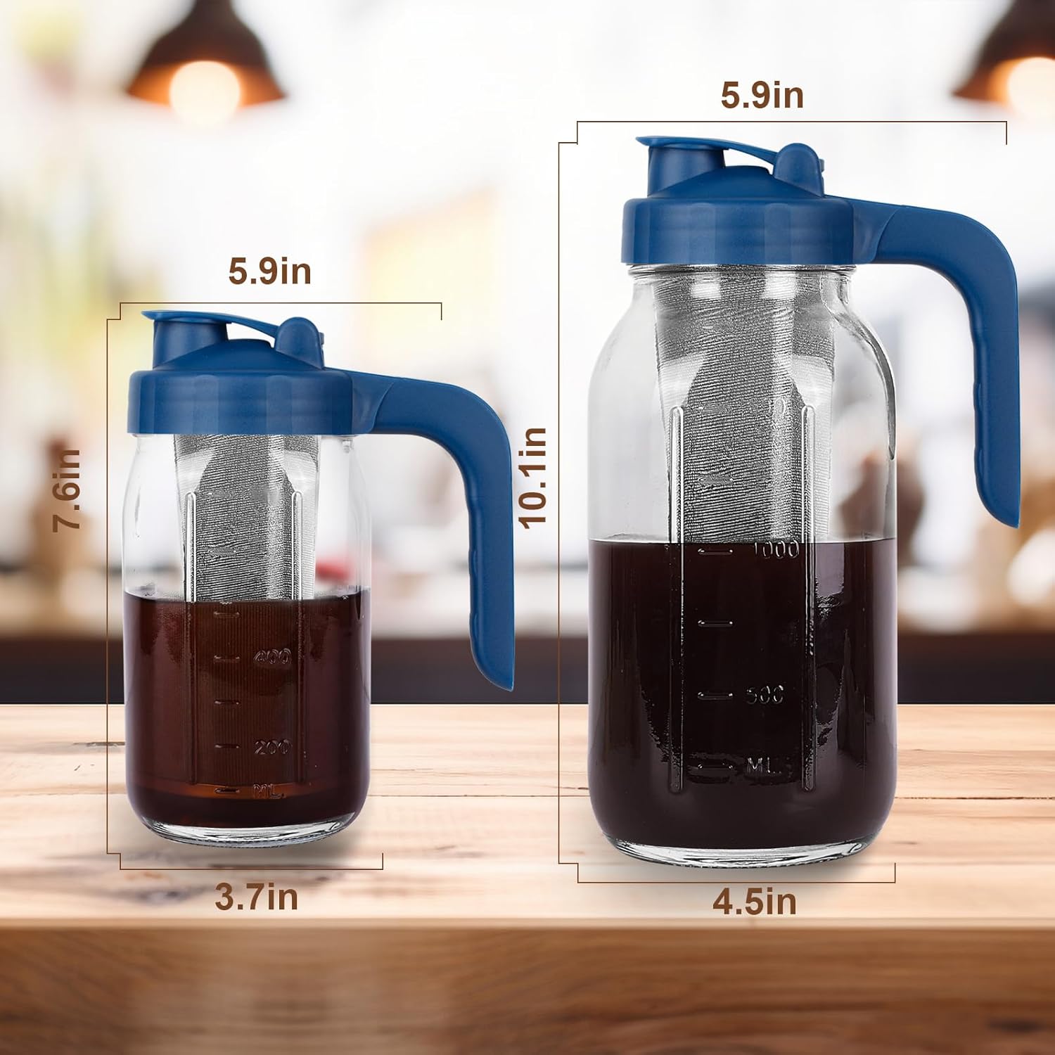 Cold Brew Coffee Maker Pitcher,32 Oz Glass Mason Jar Pitcher with V-shaped Pour Spout Handle Lid,Stainless Steel Filter for Iced Coffee,Iced tea,Breast Milk,Fruit Drinks,lemonade-Blue - Image 5