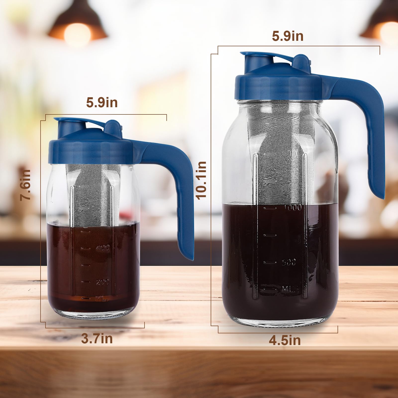 Brocca per caffè freddo, 907,2 g, in vetro resistente, con coperchio con beccuccio, filtro in acciaio inox per caffè freddo, tè, bevande alla frutta, limonata, blu