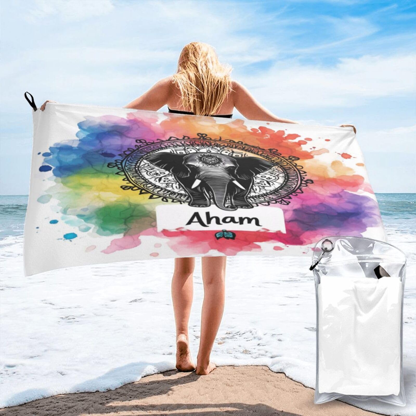 Anceky Digital Watercolor Elephant Mandala with Text Quick Dry Microfiber Travel Towel with Carry Case and Carabiner 27.5"X55"