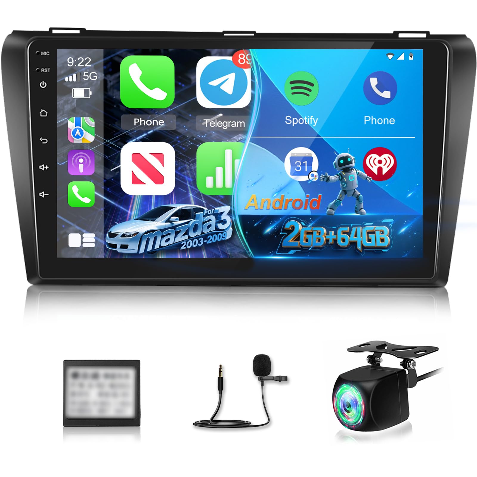 Autoradio für Mazda 3 2003-2009, [2G+64G] Android 9 Zoll Touchscreen Autoradio mit Wireless Carplay und Android Auto/Bluetooth/WiFi/Bluetooth/EQ/FM RDS Radio