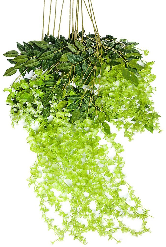 Mavee 12 Piece 3.6 Feet Artificial Silk Wisteria Vine Ratta Hanging Flower for Wedding Décor (Green)
