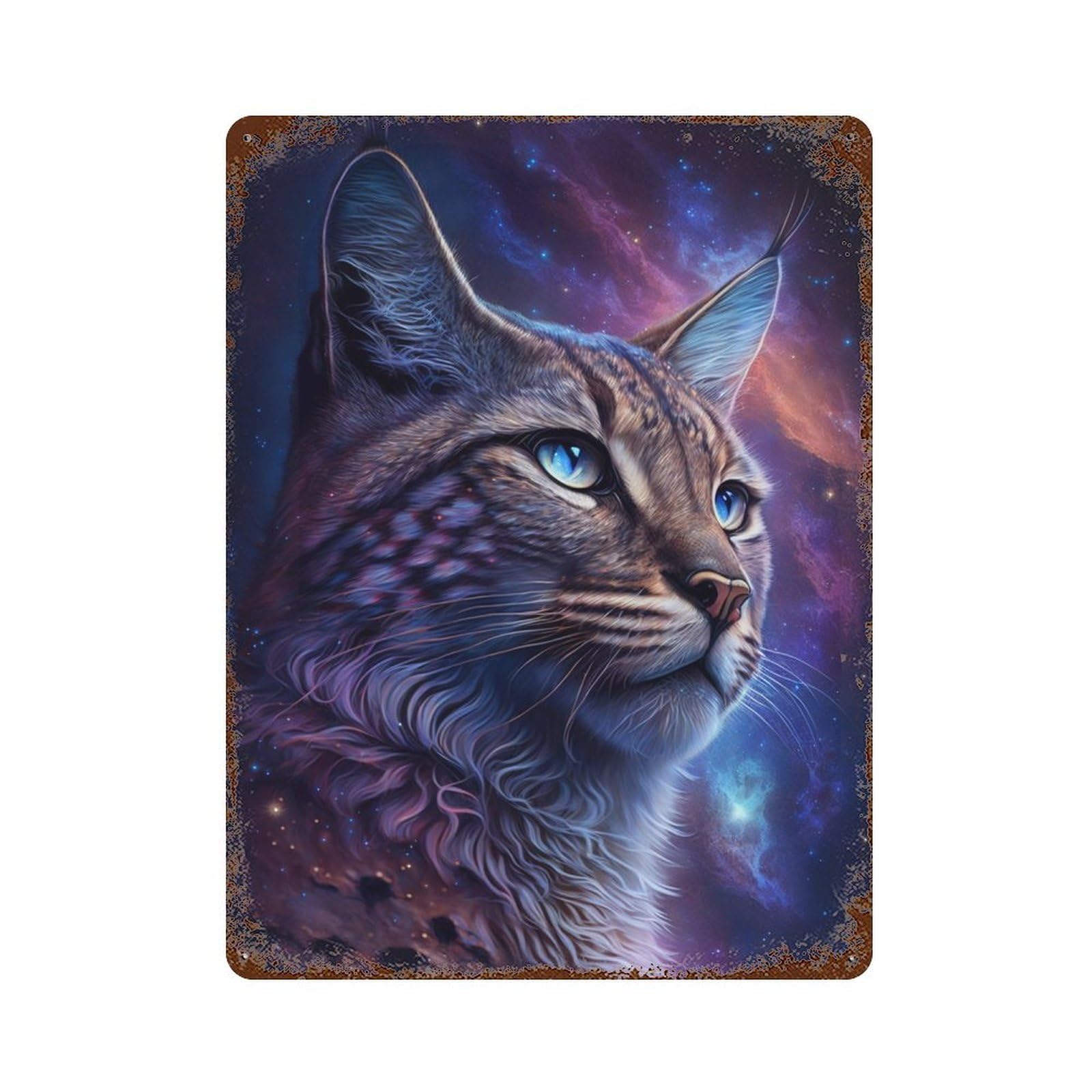 Cosmic Feline Portrait Rust Effect Tin Sign 15.7"x11.8", Industrial Home Decor for Garage, Pub Or Kitchen