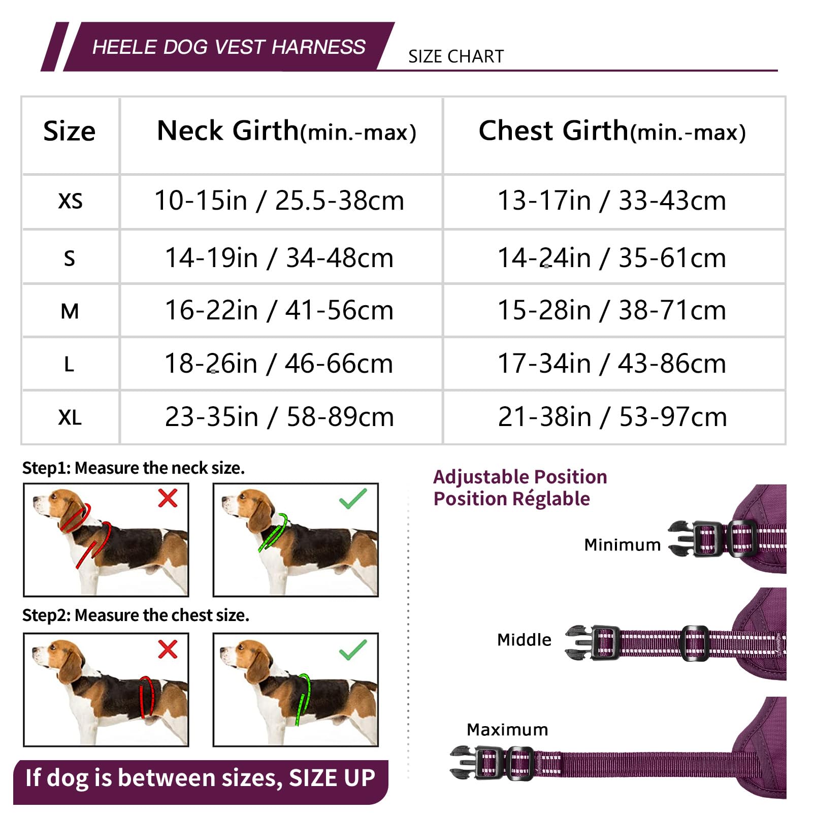 HEELE Arnés de Pecho para Perros con Cierre de trinquete con Cierre Ajustable Reflectante y Abierto en el Cuello y arnés antitracción para Perros, Cerradura Morado Adorno a Juego, L - 4