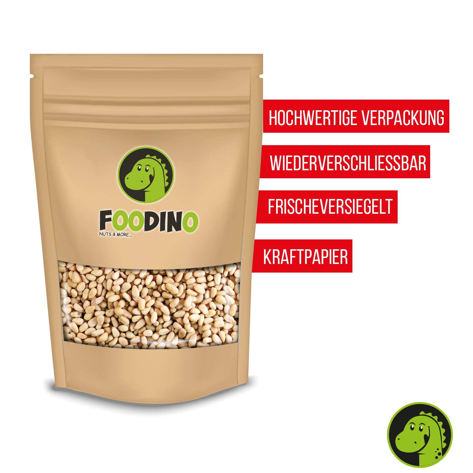 Pinienkerne naturbelassen ungeröstet ungesalzen roh Pinien Kerne ganz ungeschwefelt geschält ohne Haut 100% Natural 500g - 5kg wiederverschließbar Premium Qualität FOODINO (1kg)
