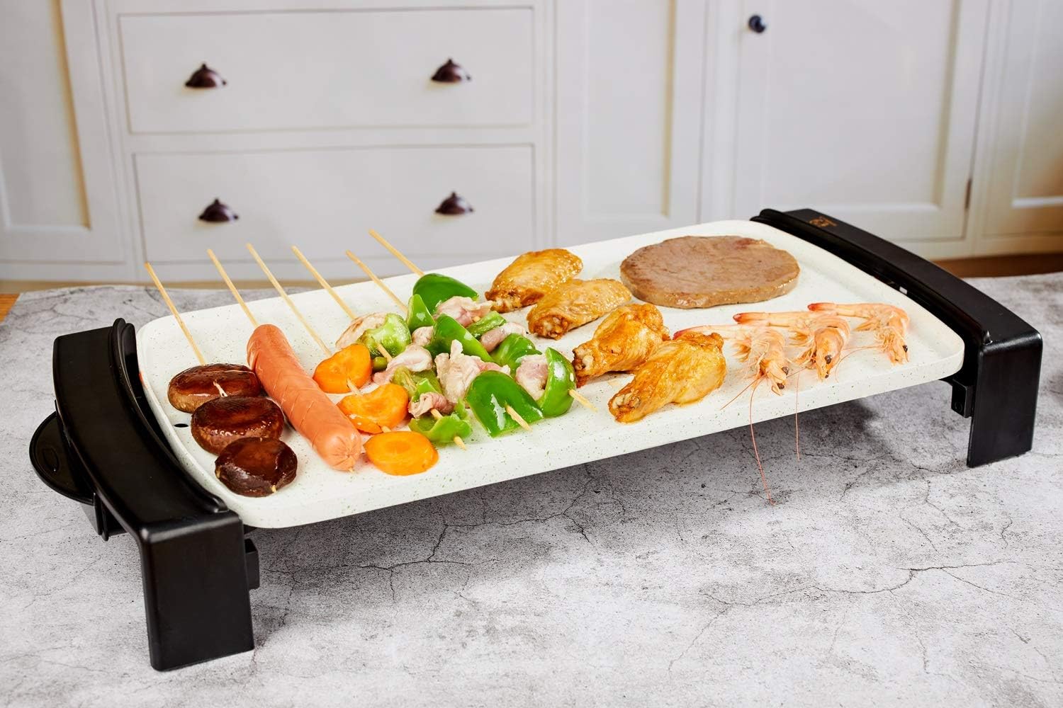 Electric Griddle Non-Stick, Smokeless Kitchen Electric Griddle with Drip Tray & Temperature Control for Indoor/Outdoor, 10"x21" Family-Sized (White, Non-stick Ceramic coating)