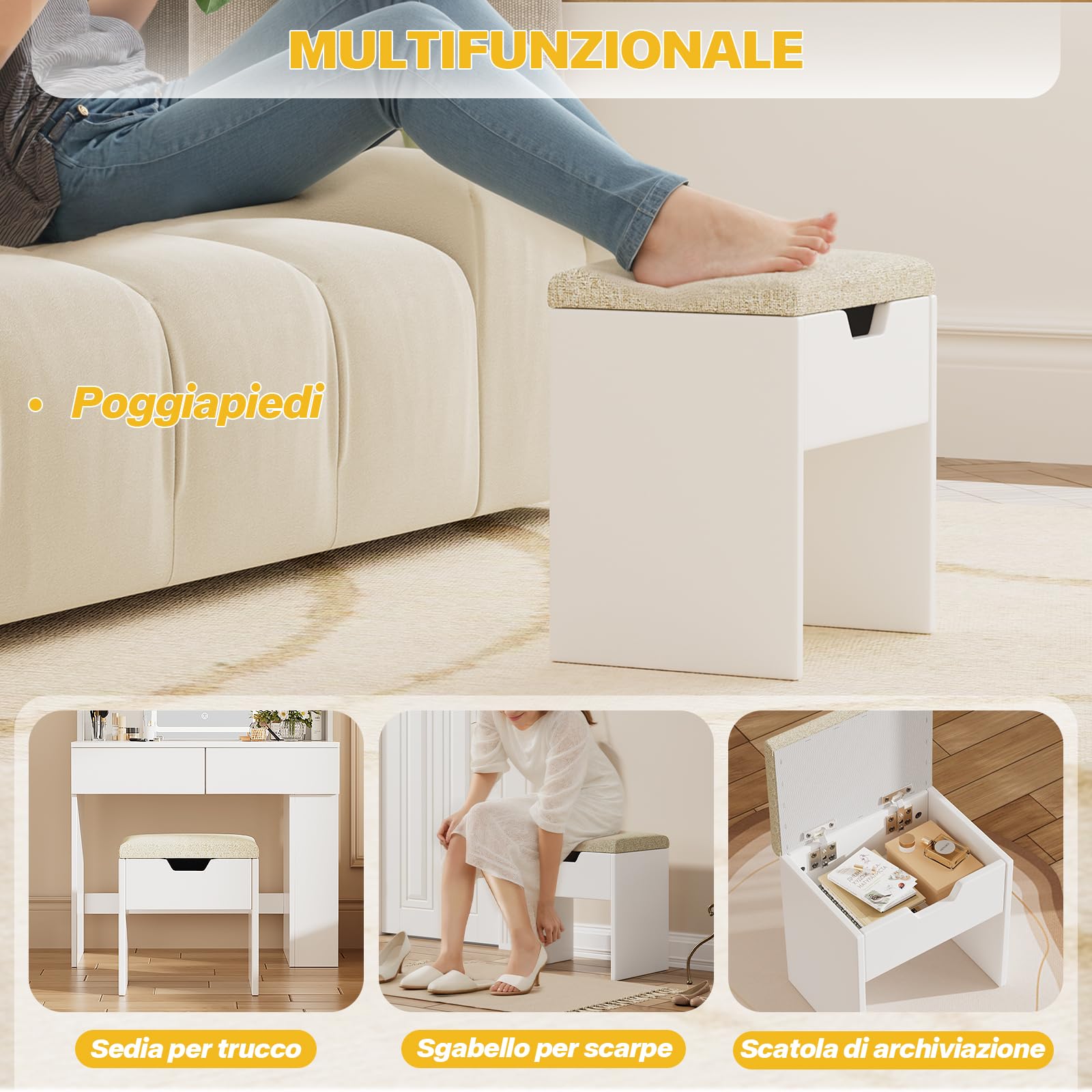 Devoko Sgabello Toeletta Trucco con Cuscino,Sgabello Per Trucco con Spazio Di Stoccaggio,Sedia da Make Up per Camera da Letto,Piedeappoggio,Bianco