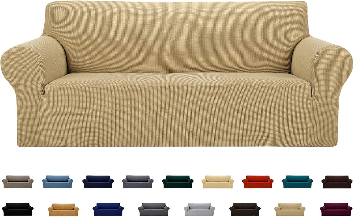 AlGaiety Stretch Sofa Cover Slipcover, Furniture Protector Spandex 1-Piece Couch Coat(80"-93") with Elastic Bottom for Dogs, Cats, Kids Small Checked Pattern Fabric (Sofa, Tan)