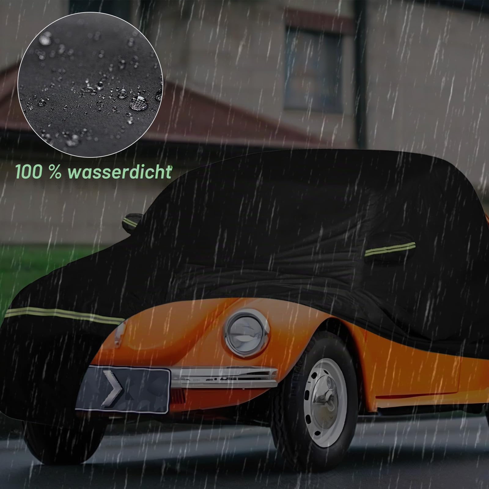 Autoabdeckung Vollgarage Ersatz für VW Beetle 1960-1980,Anti-Scratch Staub Wetterfeste UV Schutz Autoschutzhülle,Auto Abdeckplane mit Reißverschlus,Reflektierende Autoabdeckung(Schwarz)