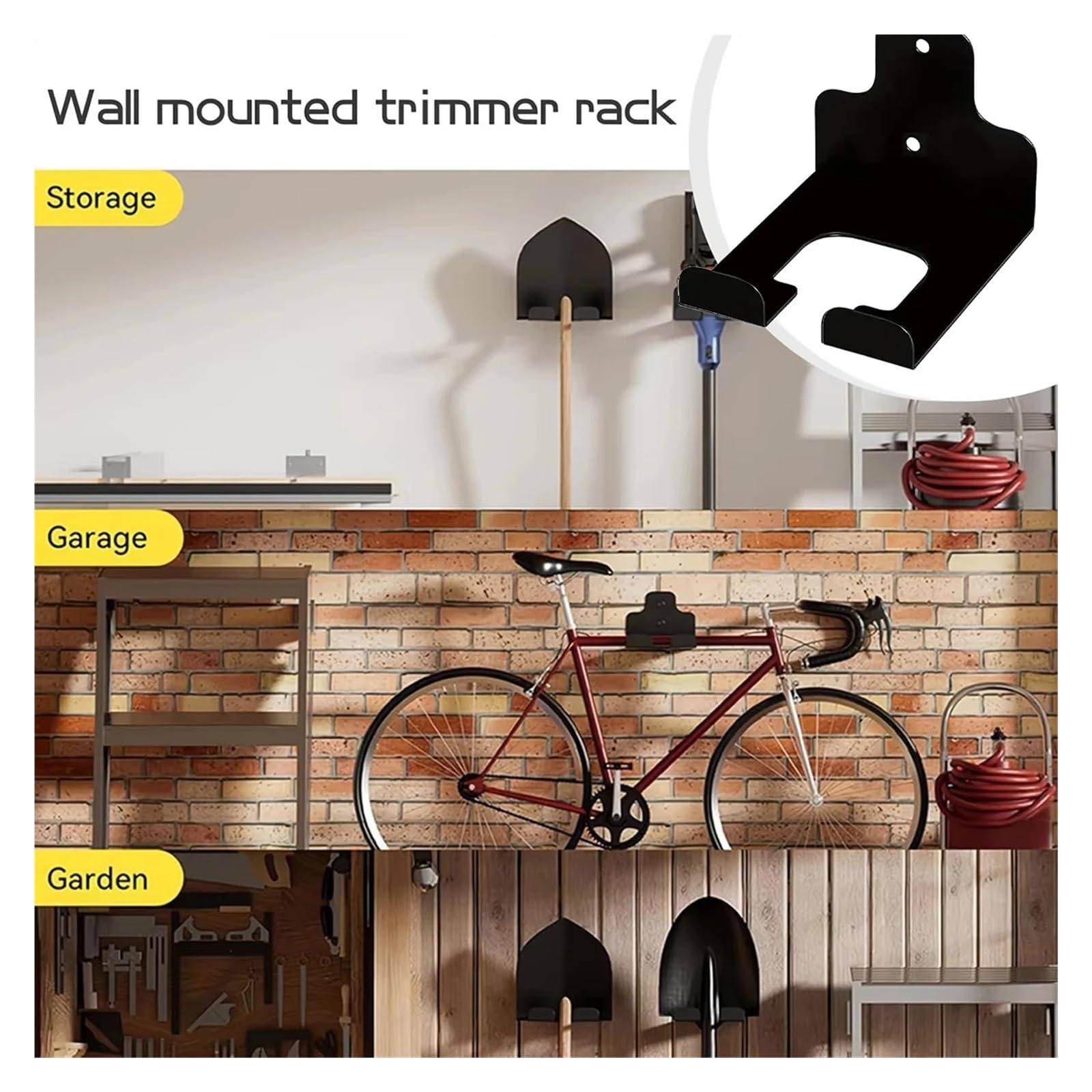 2/3 unidades de colgador acero resistente for desbrozadora, fácil montar en la pared, ajustable for herramientas garaje, con ganchos ajustables y estante almacenamiento Para Garajes(Black 3pcs)