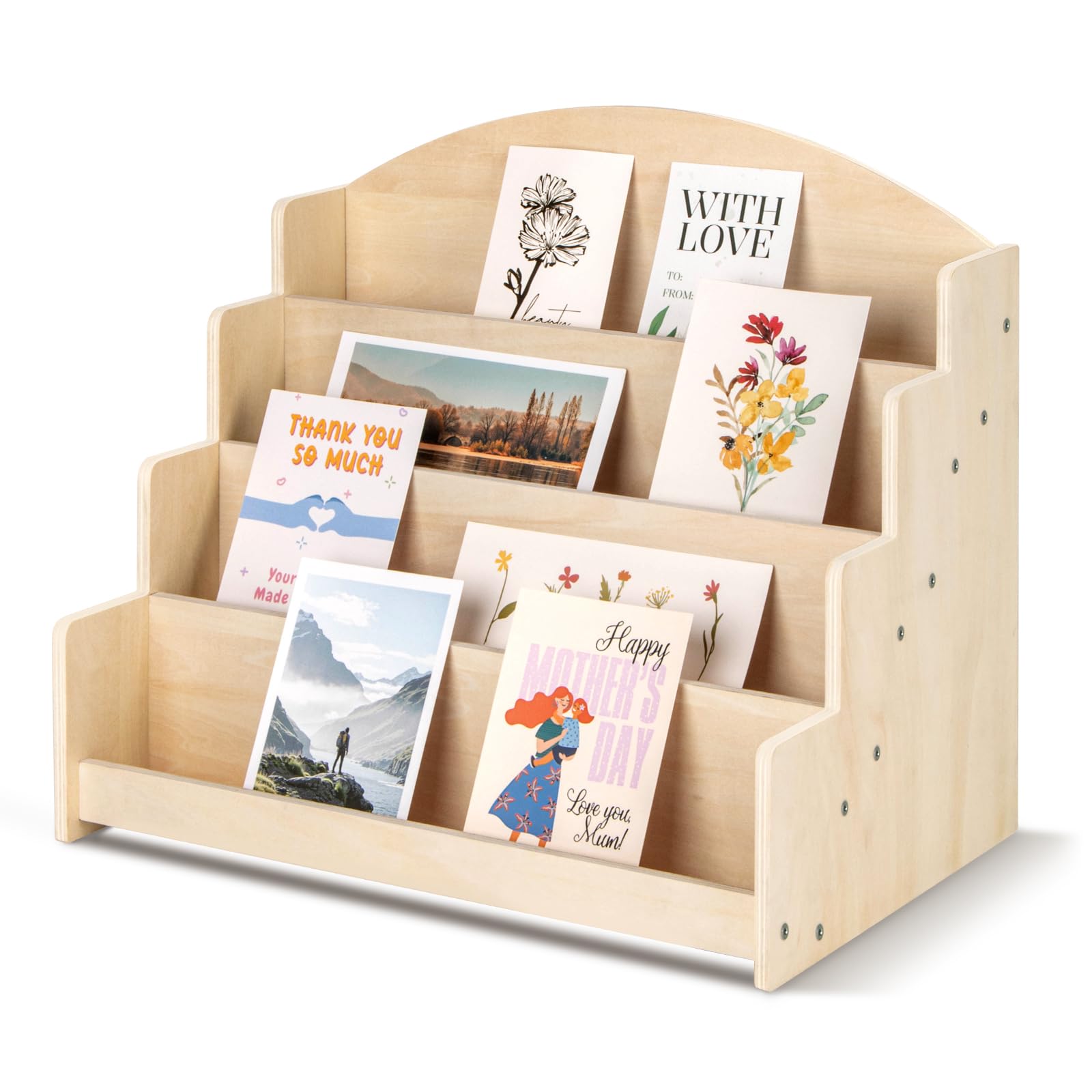 Puersi Beige Greeting Card Display Stand Holder Rack Organizer, For Postcard Sticker Vendors Retail, 4 Tier Wooden Card Display Stand,