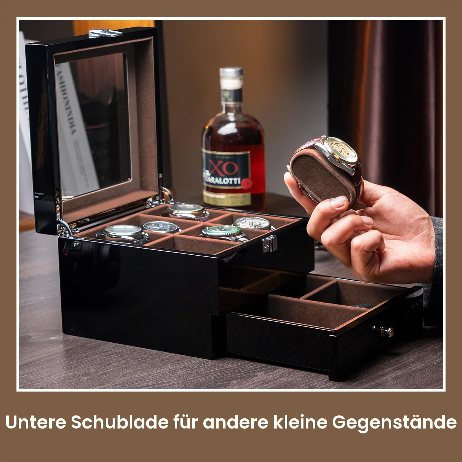 ProCase Holz-Uhrenbox für Herren, 6 Fächer, Herren-Uhren-Organizer mit Glasplatte, 2-stöckiges lackiertes Vitrine für Armbanduhr-Aufbewahrung – Schwarz