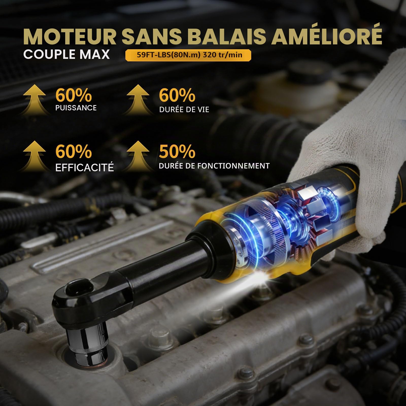Clé à cliquet sans fil pour Dewalt 18 V 20 V, 3/8" (3/8") - Entraînement électrique à tige de 16 cm de long - Avec lumière LED - 300 tr/min - 80 Nm - Pas de batterie