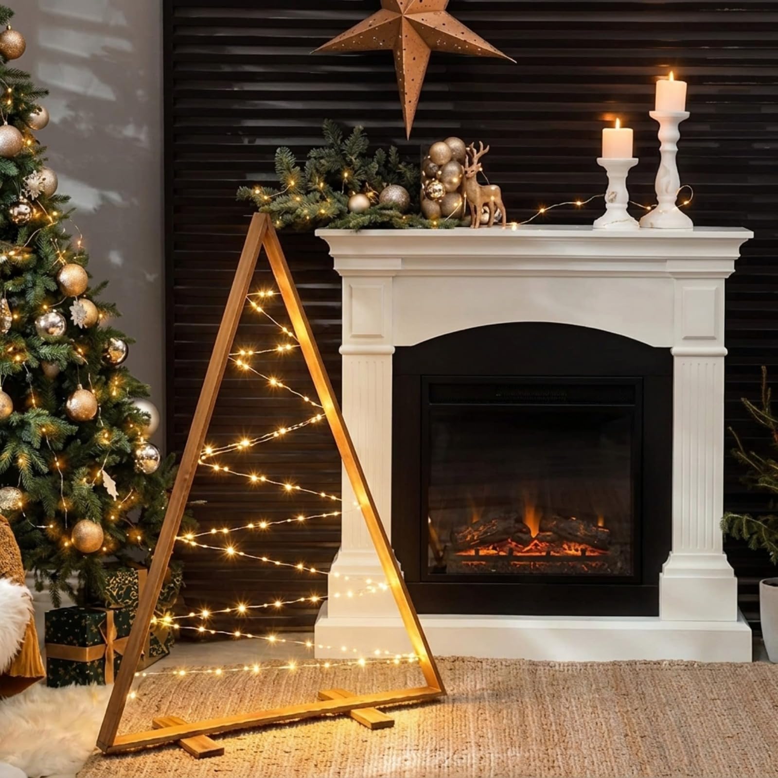 Tuanse Grand sapin de Noël lumineux en bois de 1,2 m avec fil de cuivre de 20,1 m, cadre en bois lumineux rustique pour cheminée, porche, cour, terrasse, jardin, piles non incluses