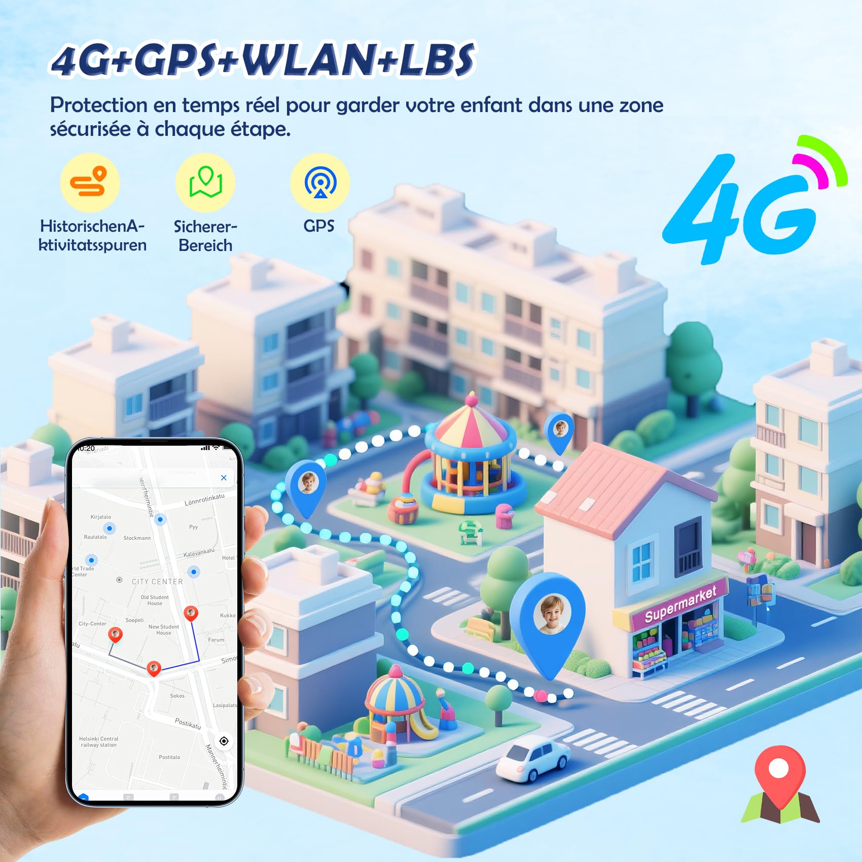 4G Montre Connectée Enfant avec Appel Vidéo et GPS, Compatible Nano SIM, Messages Vocaux, SOS, Mode École, Lampe Torche, Podomètre, IP67, 2 Modes de Port, Android iOS, pour Garçon 4-12 Ans