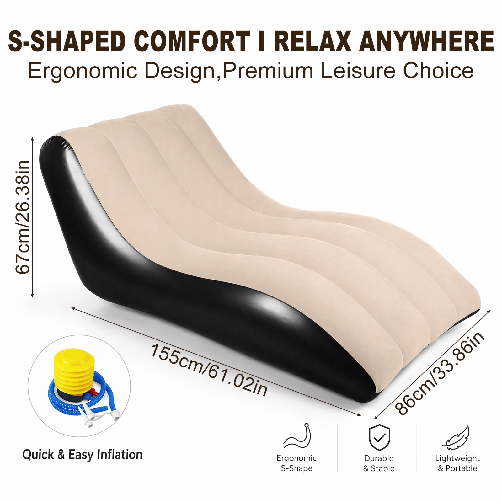 RANJIMA Aufblasbares Sofa, Aufblasbare Liege, Aufblasbar Liegestuhl mit Luftpumpe, Wasserdichtes Aufblasbare Couch Camping Luftsofa mit Plüschbezug für Camping,Strand,Wohnzimmer, bis 300 kg, 155x86cm