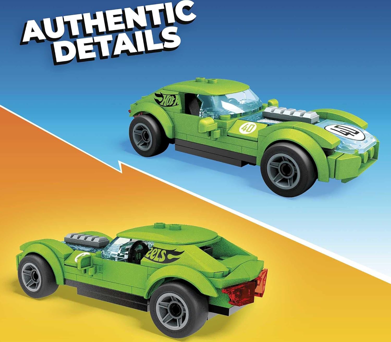 Front and rear views of the assembled Hot Wheels Mega HW40 vehicle, highlighting authentic details