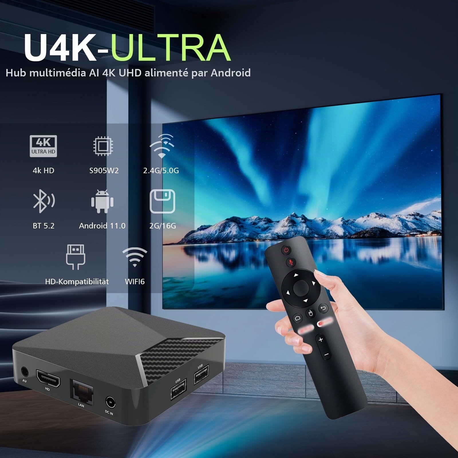 BOXPUT Q5 Plus Android TV Box, Android 11.0 Box, BT 5.2, 2.4G/5G Dual-Band WiFi, 4K HD, Amlogic S905W2 Quad-Core Processeur 2GB RAM+16GB ROM, 10/100M LAN Enternet - Noir