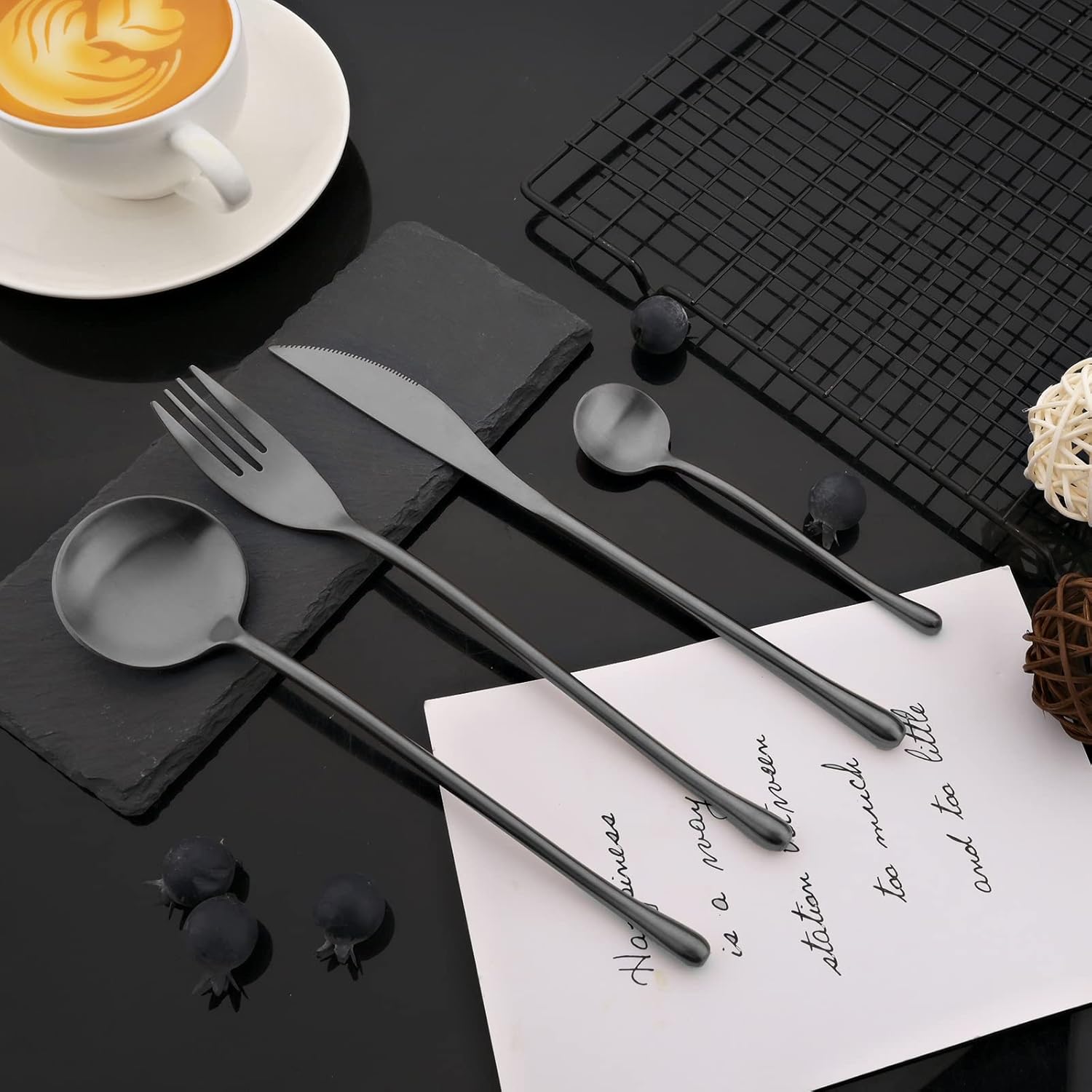 JASHII 304 Stainless Steel Silverware Set, Matte Black Flatware Set with Round Handle, Service for 6, Satin Finish, Dishwasher Safe for Home Restaurant