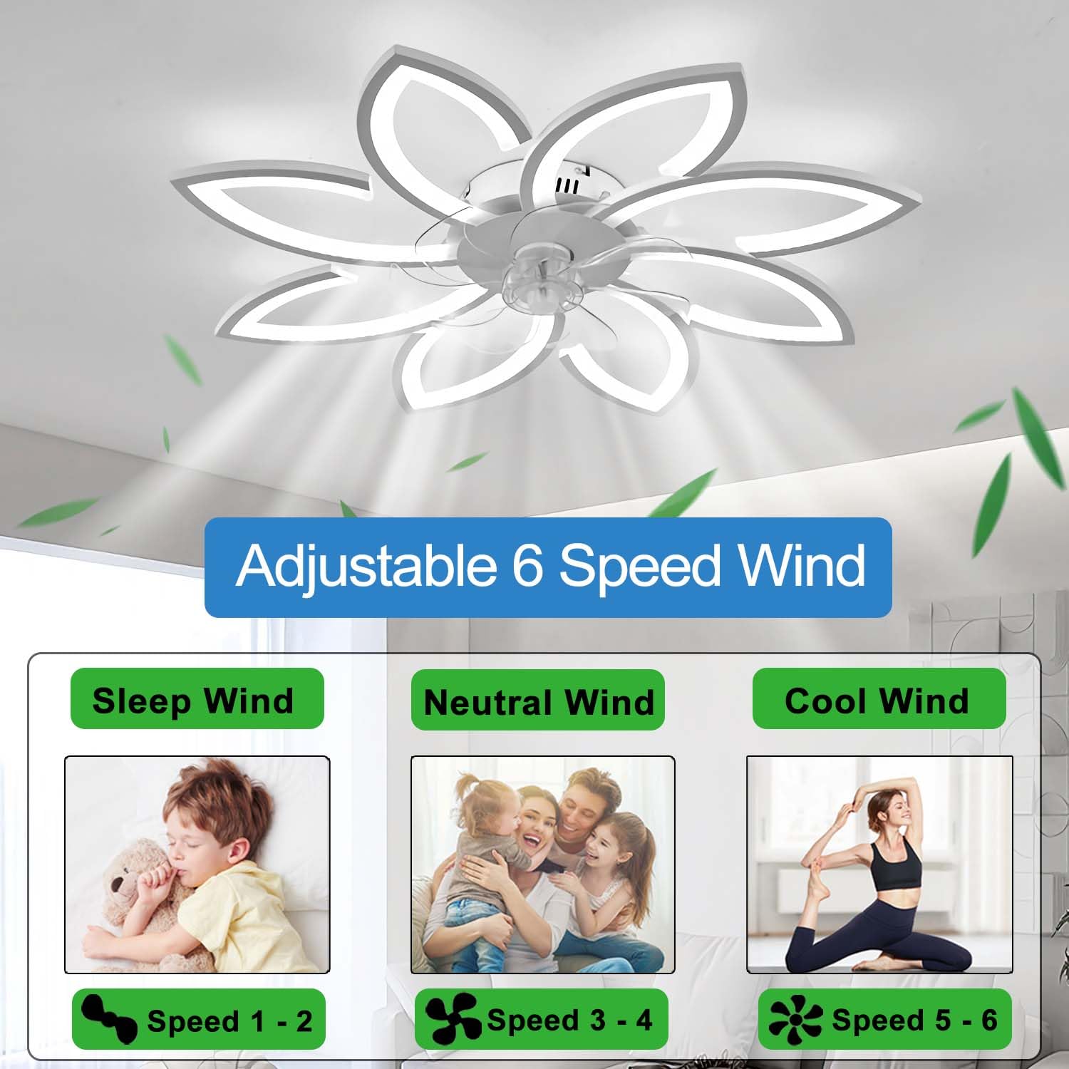 YUNZI Muto Ventilatore da soffitto con luce con telecomando, LED Dimmerabile Lampada da soffitto Moderno Illuminazione per Soggiorno Camera da letto, Regolabile 6 velocità, Bianco 90CM