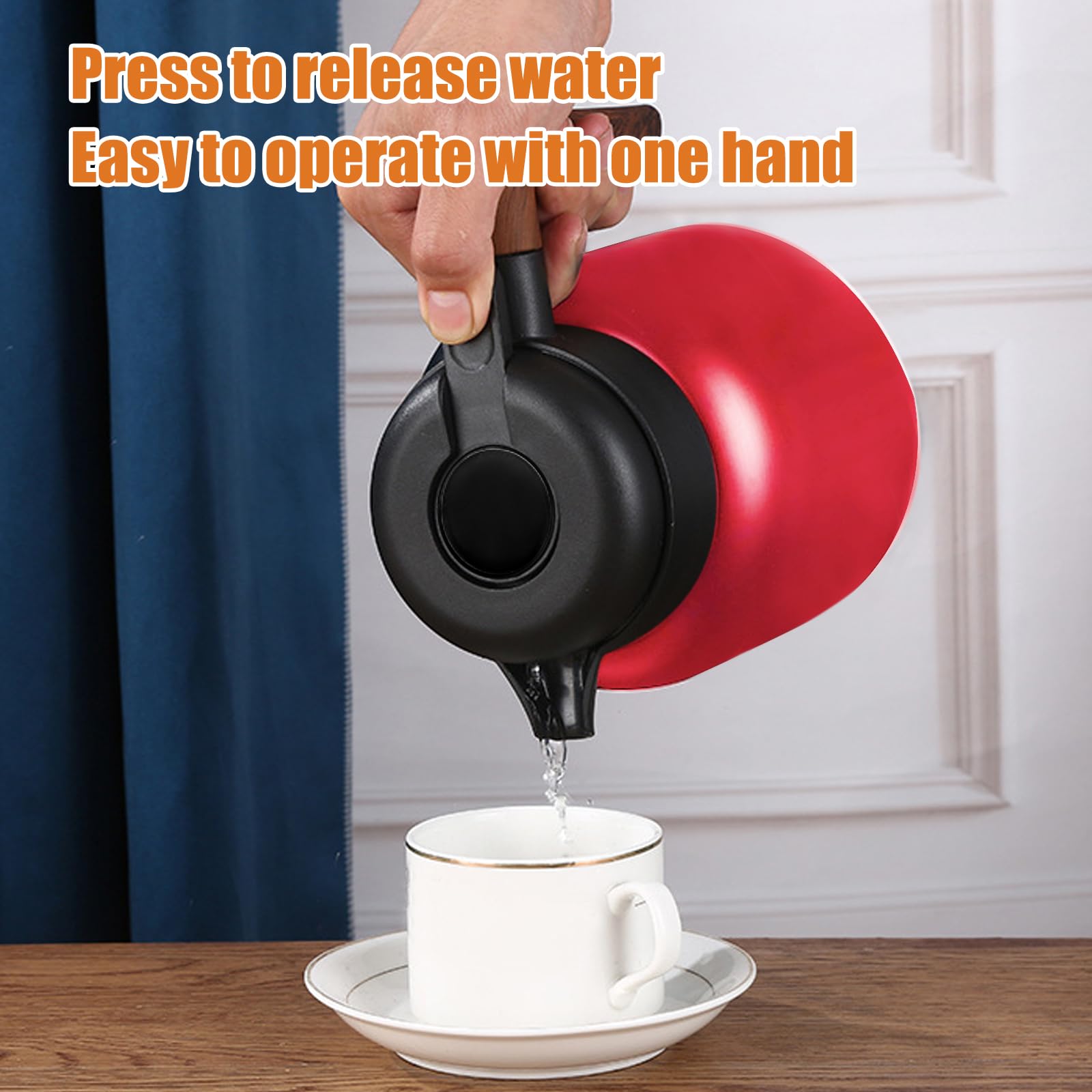 1,5L Thermoskanne, Isolierkanne mit Holzgriff, 316 Edelstahl Doppelwandige Thermo Kaffeekanne, Teekanne Thermo mit Abnehmbarem Teesieb, Kanne mit Tropffreiem Ausguss für Kaffee, Tee, Milch (Rot)