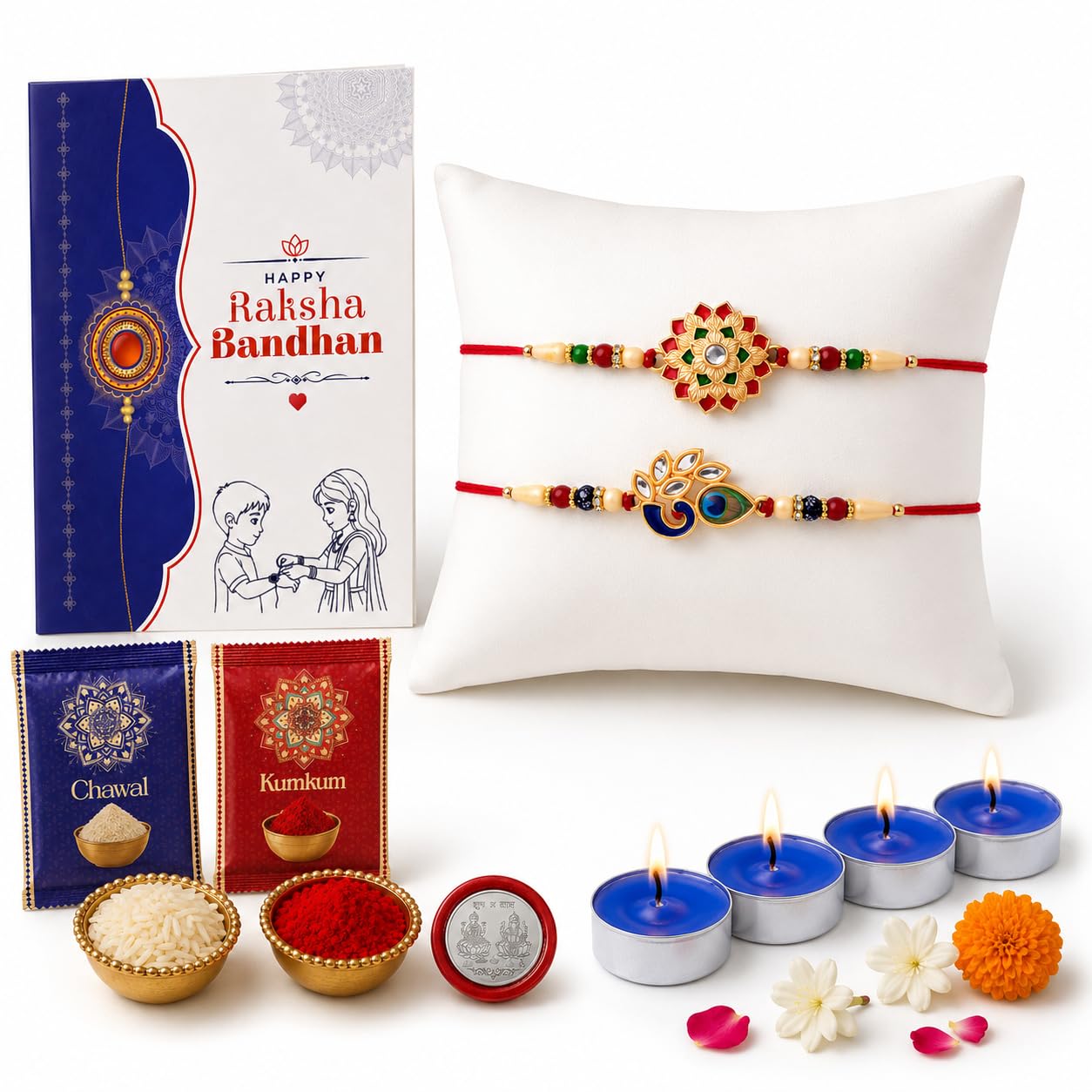 Oblivion Tea Light Candle Set of 4 for Brother – Rakhi for Brother Set of 1, Silver Color Coin & Greeting Card, Gift for Bhai, Bhabhi & Kids, Traditional Raksha Bandhan Celebration Combo Kit 2025-image-20