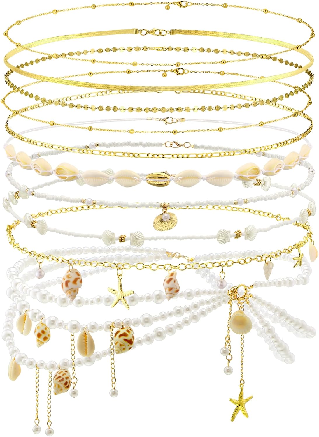 Lenwen 10 Pcs Boho Natural Starfish Shell Belly Chain for Women Summer Beach Seashell Waist Chain Multi Layered Body Pendant Jewelry for Summer Beach Vacation Bikini Jewelry Accessories