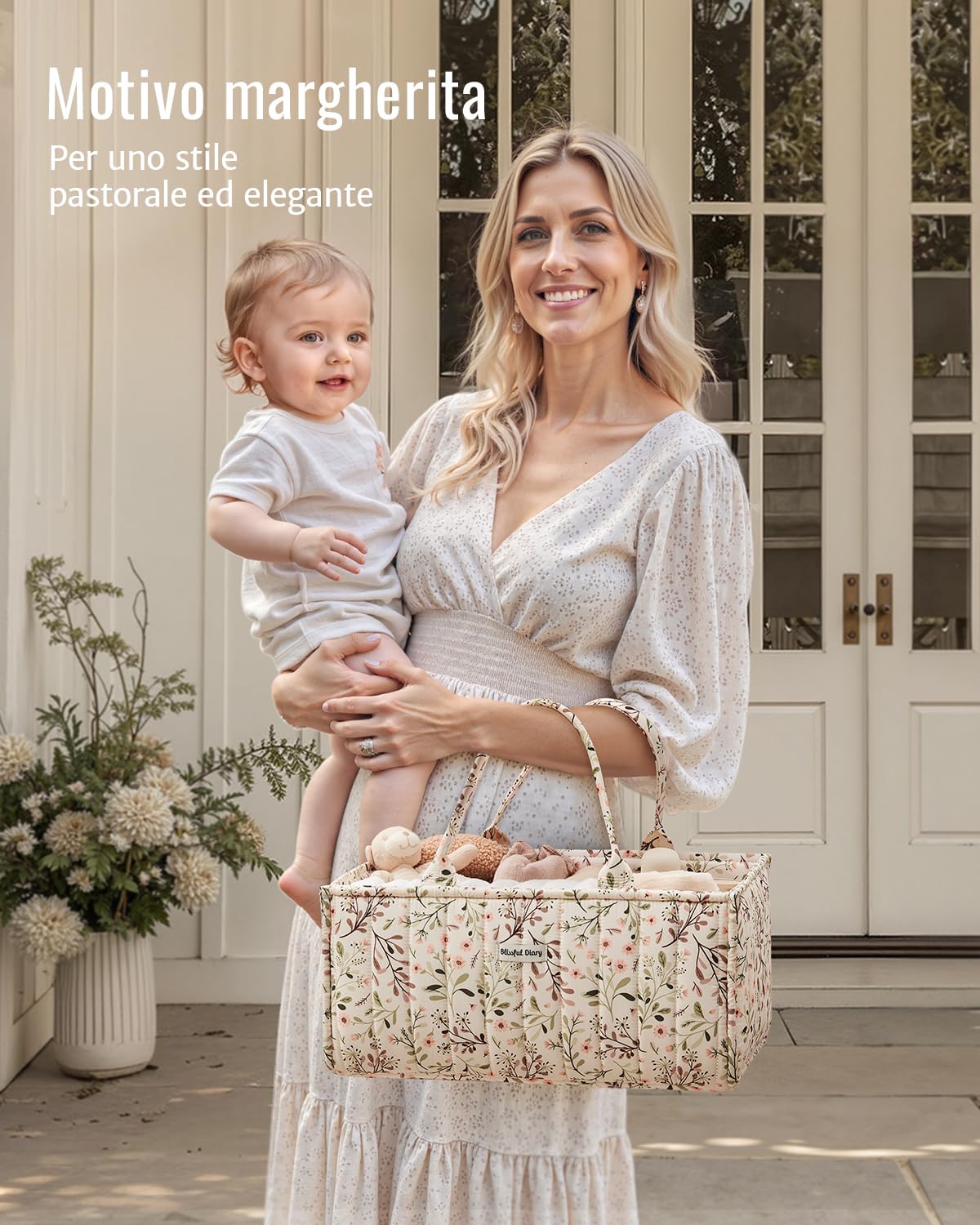 Blissful Diary Organizer per pannolini, Organizer Fasciatoio, Cesto Prodotti Neonato, Cestino di Archiviazione Elegante per Necessità Neonatali e Stazione per Luiers, Margherita Pastorale