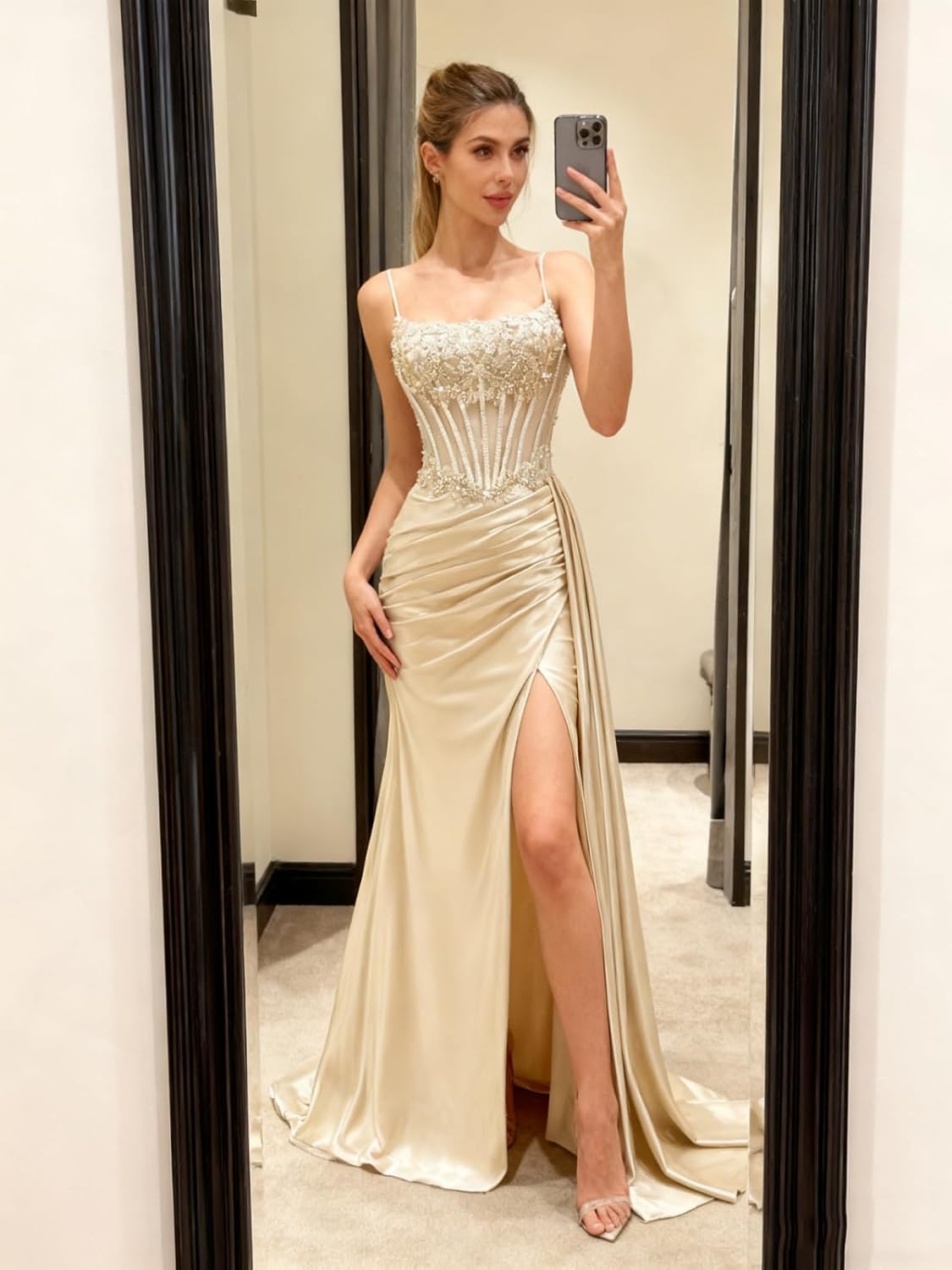 Beaded Satin Prom Dresses Long Mermaid Evening Dresses Lace Applique Corset Formal Party Gown with Slit Tail - Image 3