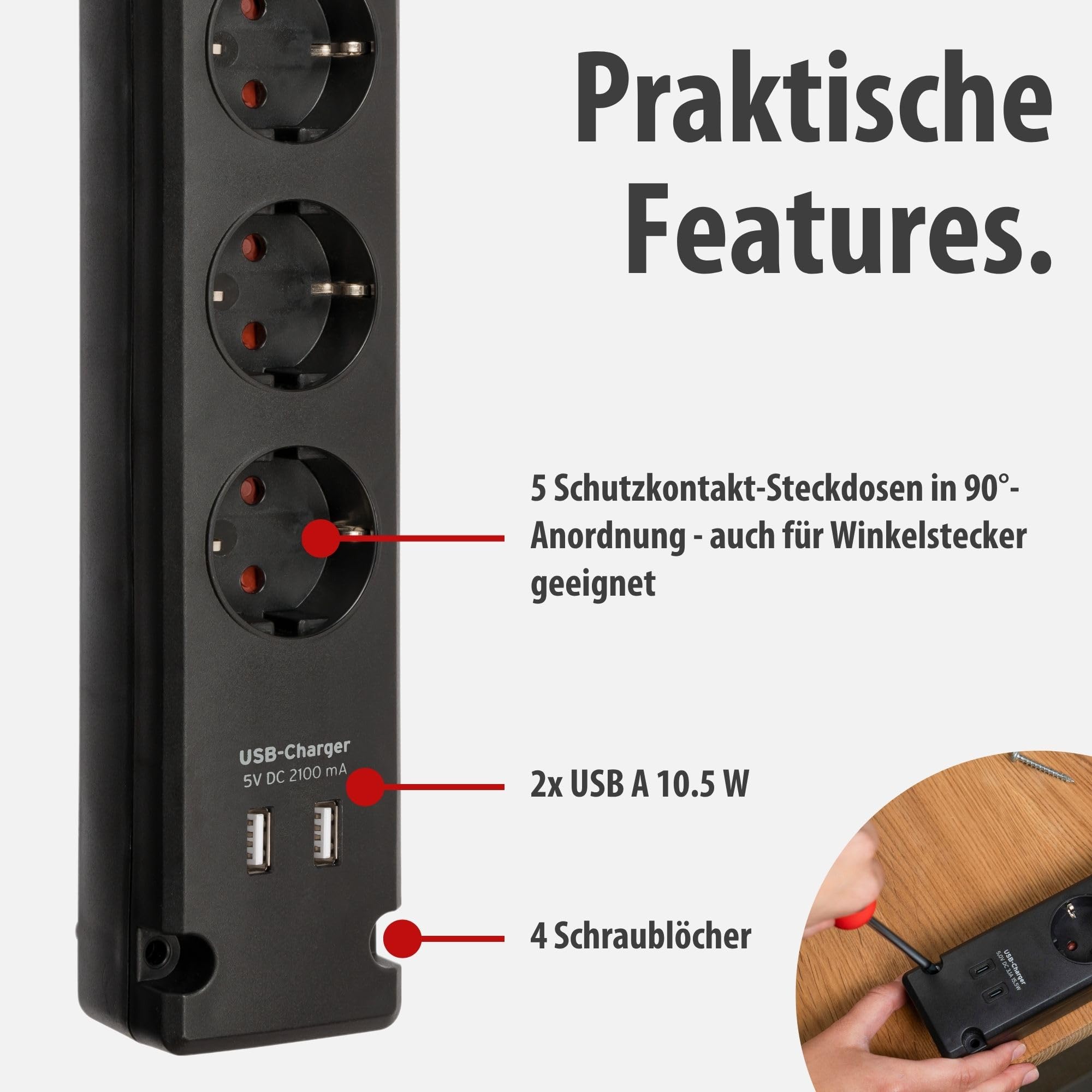 Brennenstuhl Bremounta regleta de enchufes con 5 Tomas Corriente y Carga USB para instalación y fijación (regleta eléctrica con Interruptor, Posibilidad de Montaje y Cable de 3m) Negro (Paquete de 2)