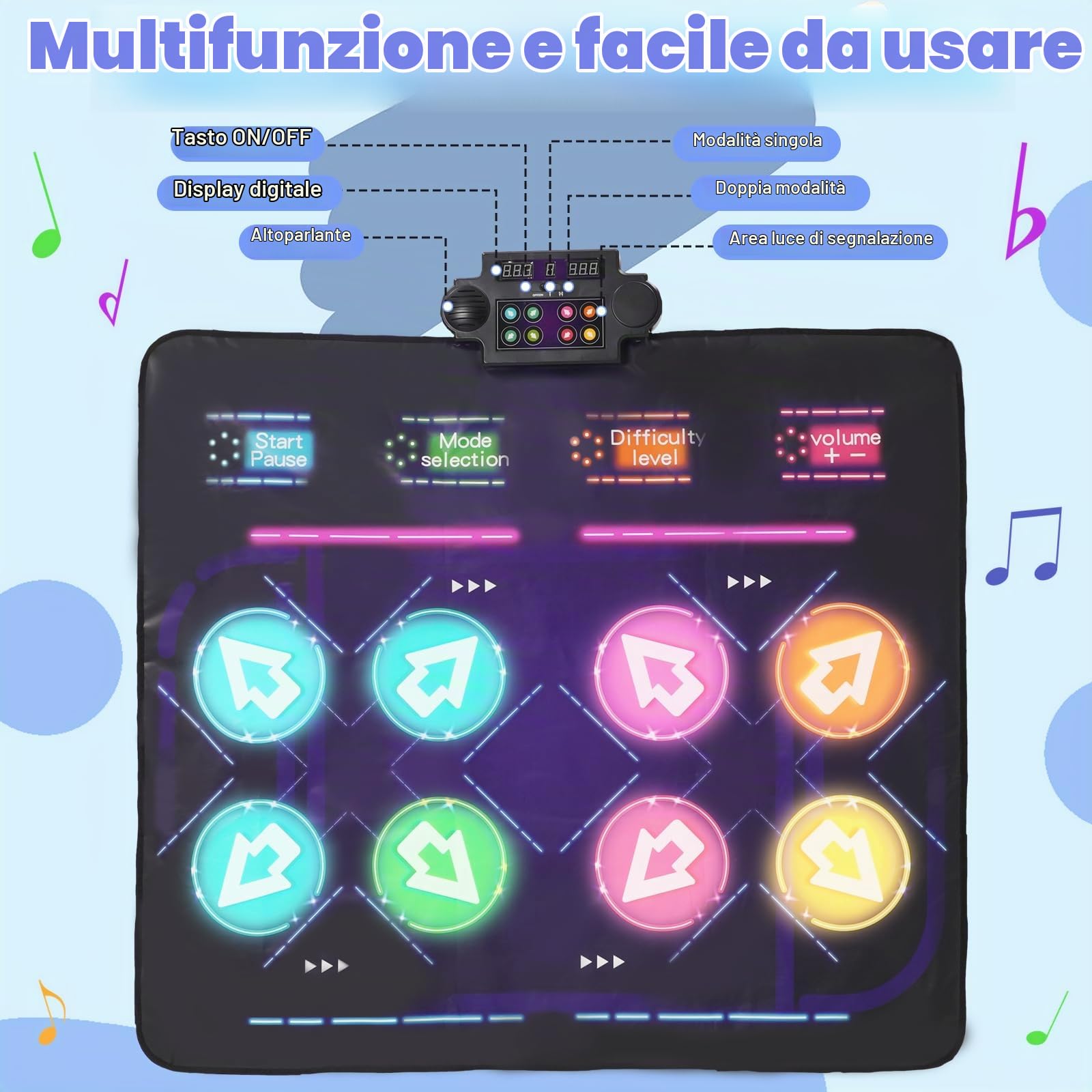 Tappetino da ballo per videogiochi, 8 sensori direzionali, illuminazione a LED, accessori per console di gioco con controllo di difficoltà e volume