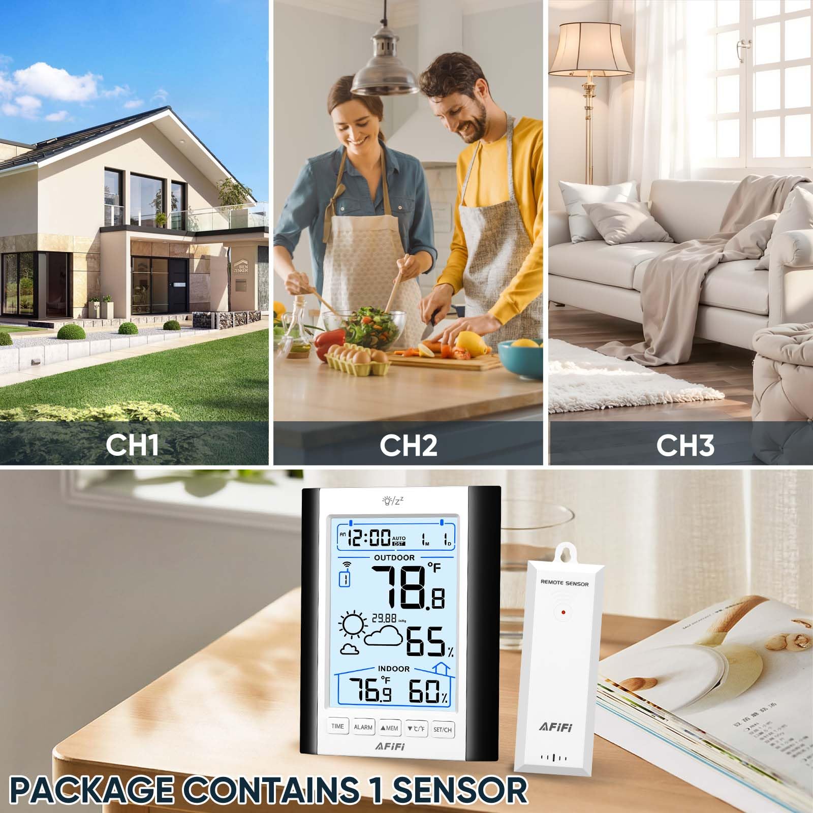 Termometro e igrometro wireless per interni ed esterni, termometri igrometro monitor con sensore remoto da 100,6 m, alimentato a batteria, display retroilluminato, per casa, patio