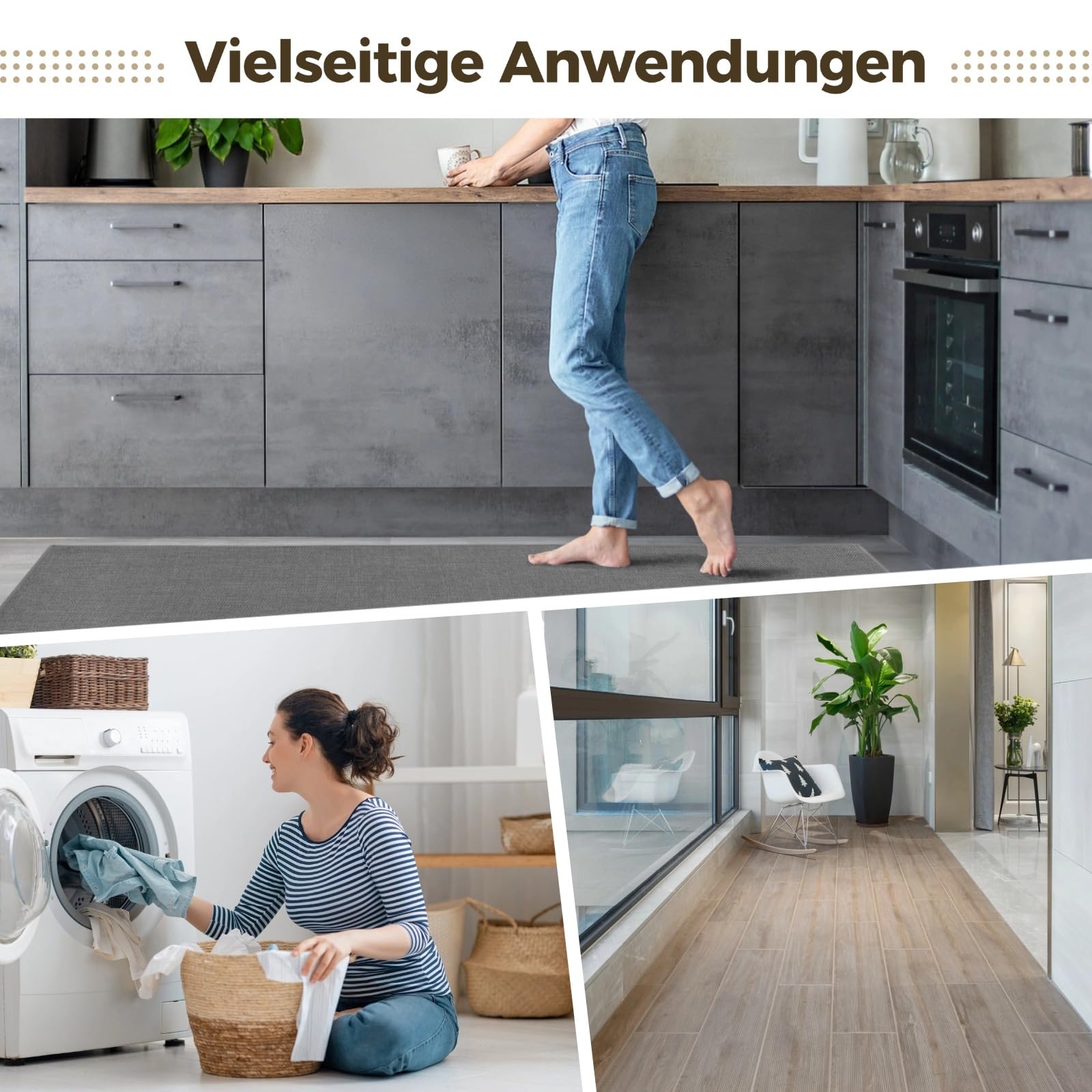 Varku küchenteppich waschbar rutschfest 43,5 x 180 cm, Leinen Küchenmatte, Läufer Flur, gewebter Stil, weich, langlebig, leicht zu reinigende Bodenmatte für Küche, Waschküche, Dunkelgrau