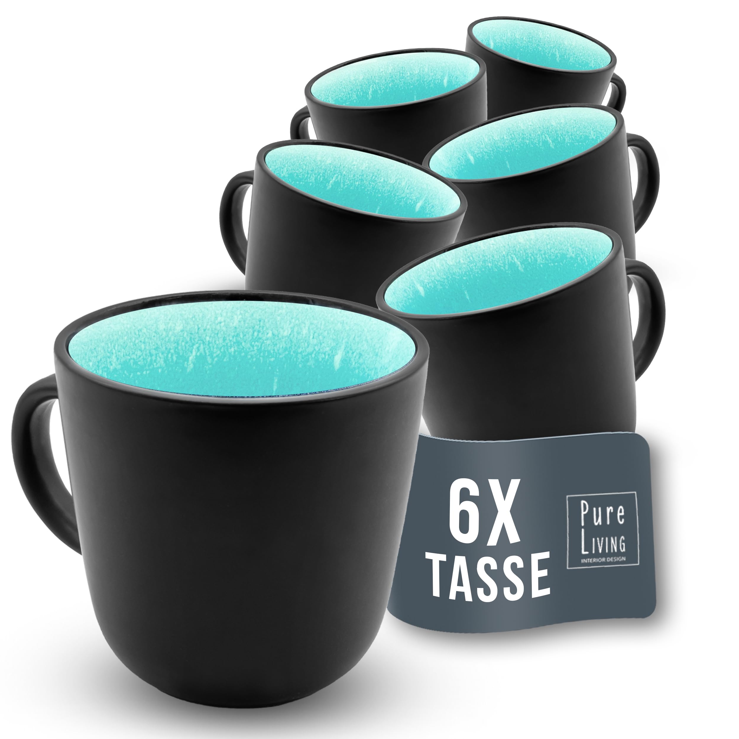 PURE LIVING INTERIOR DESIGN Stoneware Coffee Cups for 6 People Ibiza Mediterranean Test Very Good Mug Set, Dishwasher, Microwave and Scratch Resistant - Stylish Tea and Coffee Mug Set - in Aquamarine