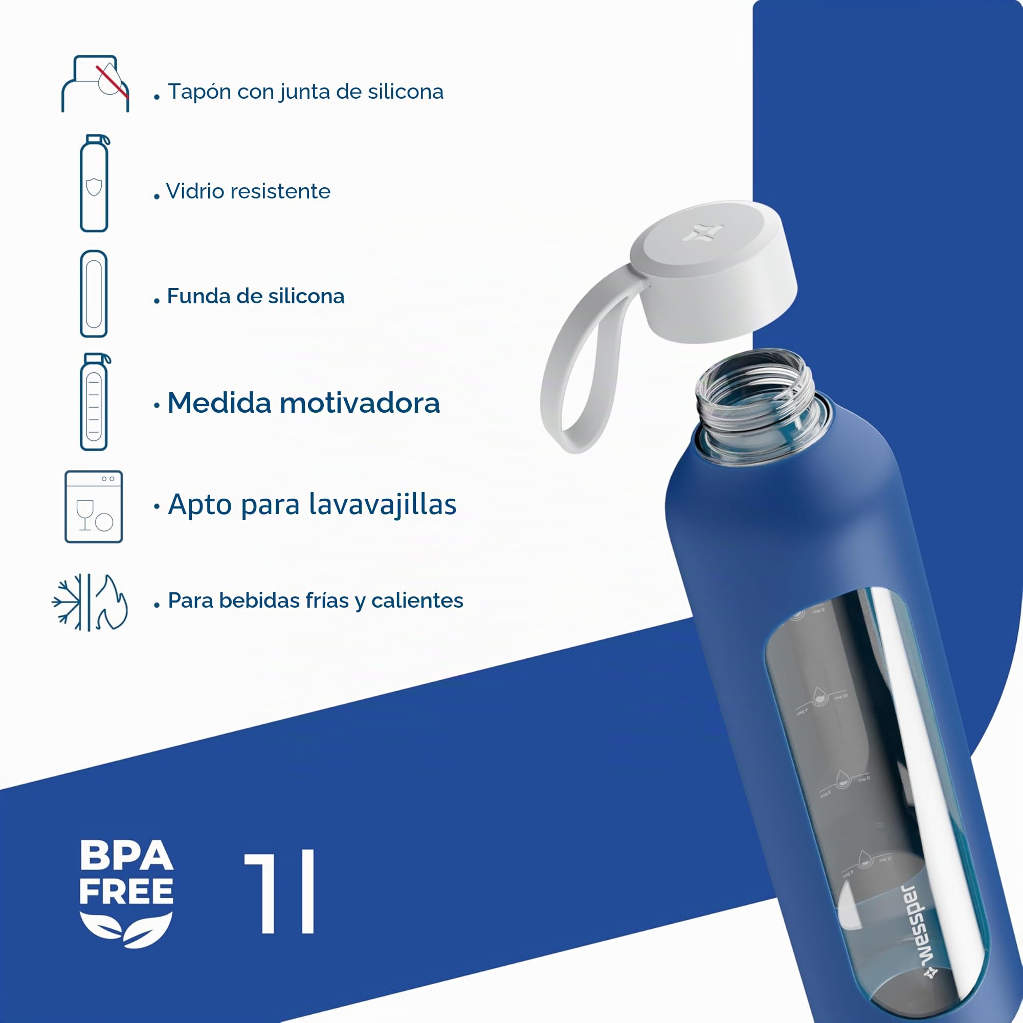 Wessper Botella de Agua Cristal, Botella 1 Litro Motivadora con Escala de Hidratación, Botellas de Vidrio Borosilicato con Funda de Silicona, Material Seguro sin BPA - Azul