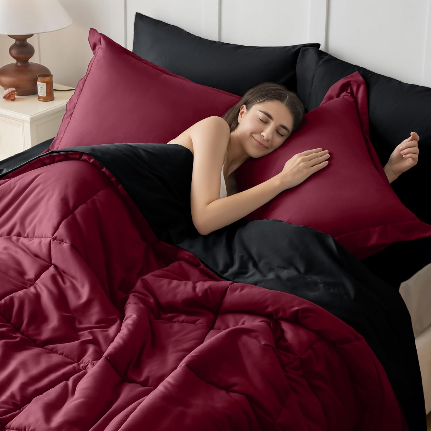 JOLLYVOGUE Twin XL Comforter Set, Ultra-Soft Bed in a Bag Twin XL Size 5 Pieces, Oeko-TEX Certified Bedding Set with Down Alternative Comforter, Sheets, Pillowcases & Shams, Burgundy & Black thumbnail