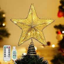 Lewondr Christmas Star Tree Topper, USB Powered Remote Controlled 6H Timer Tree Star with Lights and Sequins, Christmas Tree Topper Lighted for Home Holiday Xmas Tree Christmas Decor, Champagne Gold