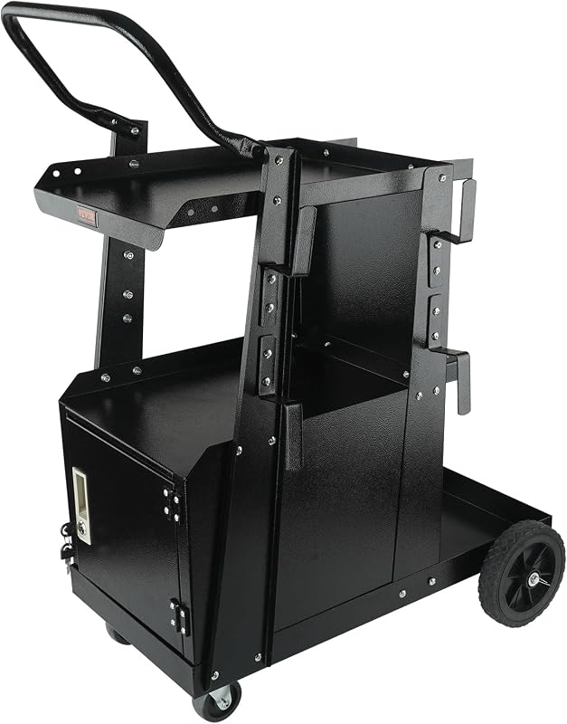 VEVOR 2-Tier Welding Cart Heavy Duty with Anti-Theft Lockable Cabinet | 360° Swivel Wheels, Tank Storage Safety Chains for TIG, ARC, Plasma Cutter - 265LBS Static Weight Capacity Welder Cart