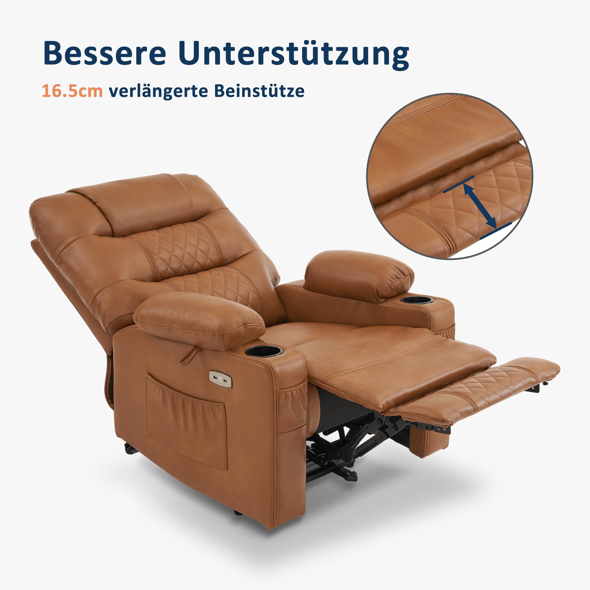 M MCombo Relaxsessel mit Liegefunktion, Fernsehsessel Elektrisch Verstellbar, TV Sessel, Recliner Chair, Atmungsaktiver Kunstleder, USB & Getränkehalter, Wohnzimmer, 7033 (Braun)
