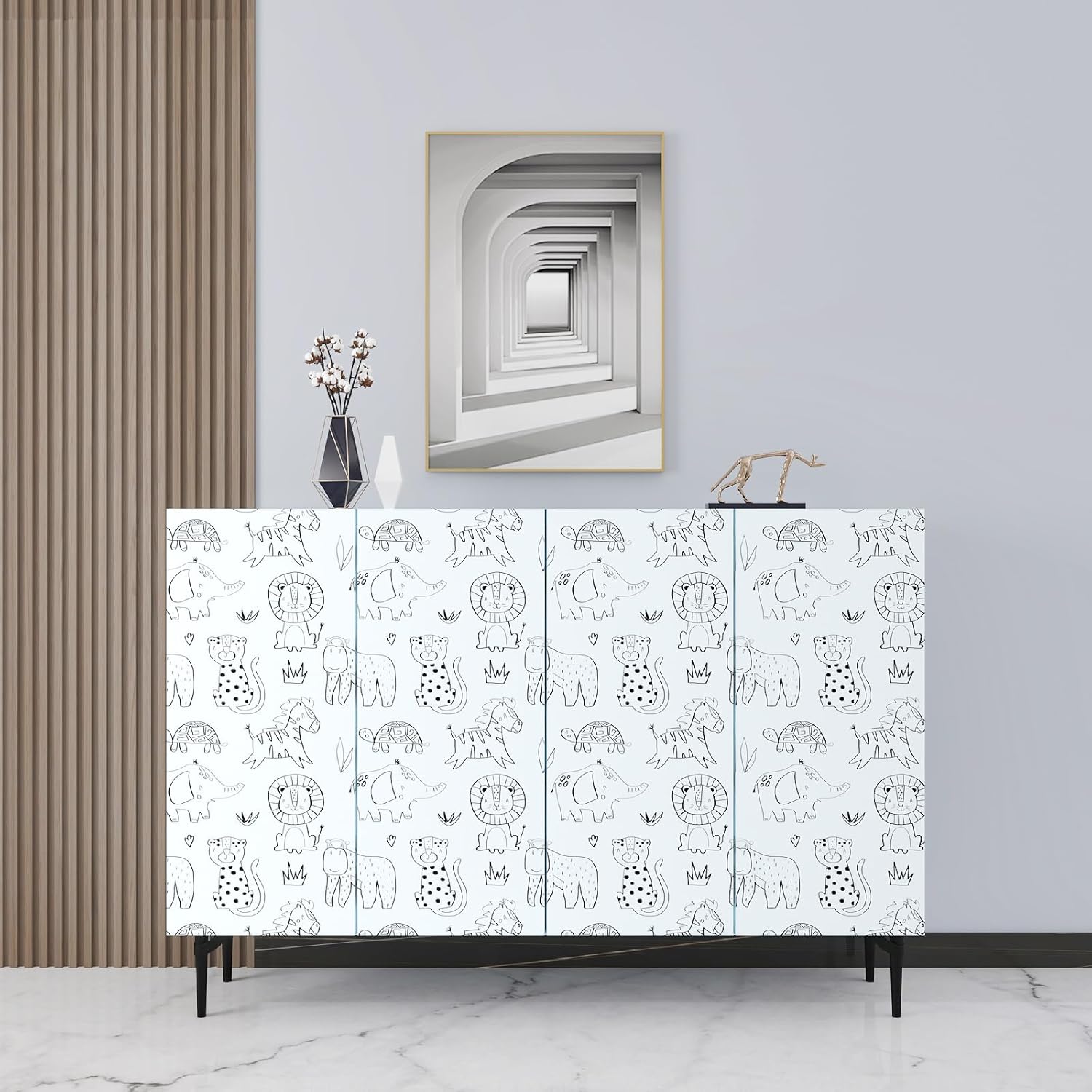 Black and White Jungle Animal Peel and Stick Wallpaper 12"x100" Hand Drawn Safari Animal Cartoon Print for Kids Coloring Nursery Playroom DIY Self Adhesive Removable Vinyl Wallpaper Roll