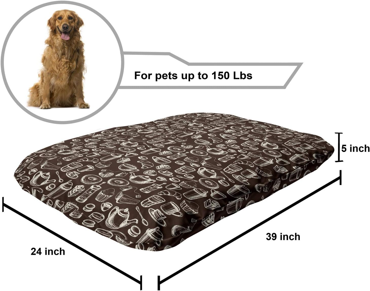 review Ambesonne Brown and White Pet Bed, Hand Drawn Style Pattern with Coffee Tea Cups Donuts and Sweets, Chew Resistant Pad for Dogs and Cats Cushion with Removable Cover, 24