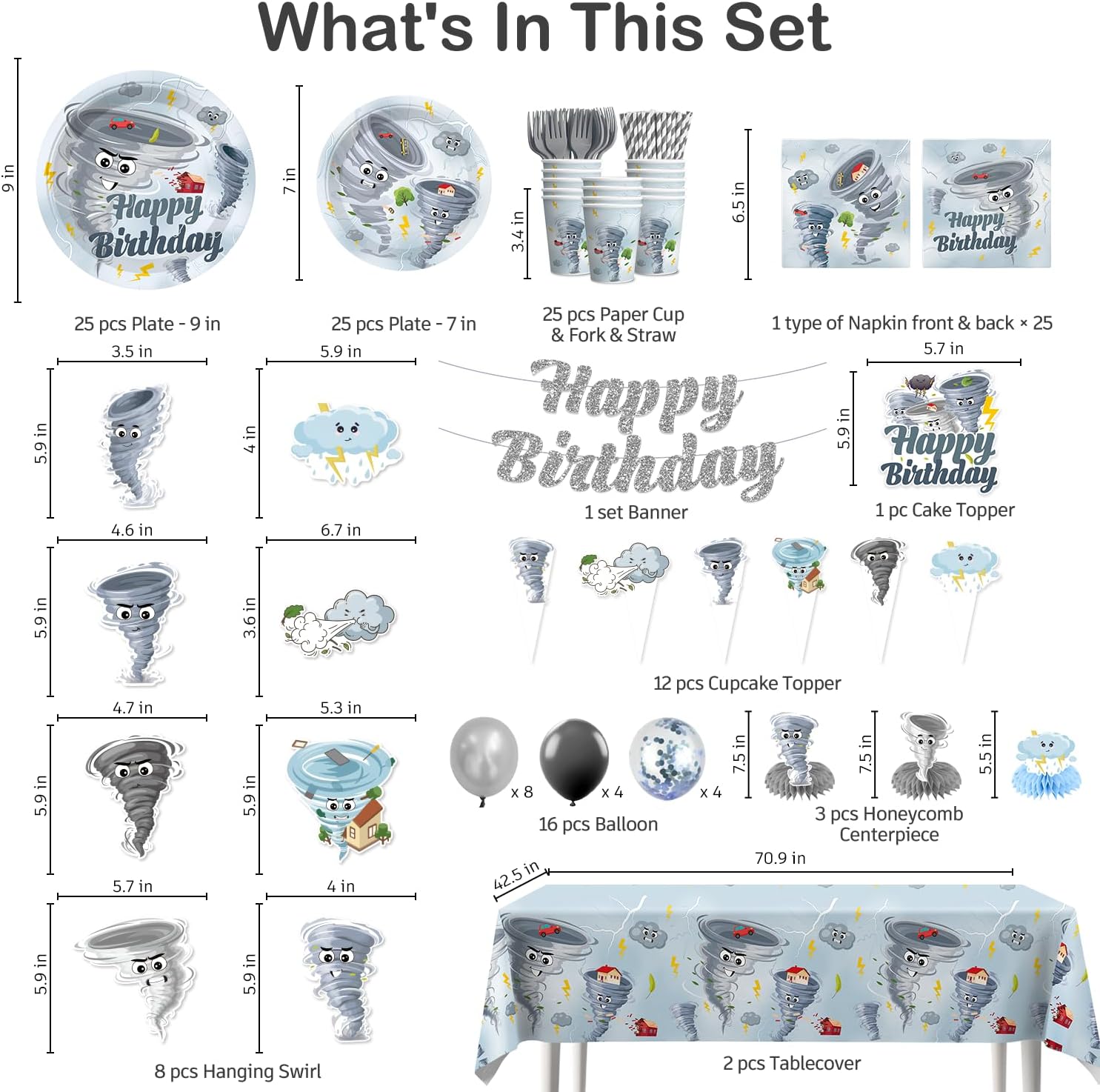 Xynic 196Pcs Tornado Birthday Party Decorations Boy Tableware Set with Plates and Napkins, Serves 25, Tornado Balloons, 2 Tablecloths, and Banner, for Tornado Party Decorations