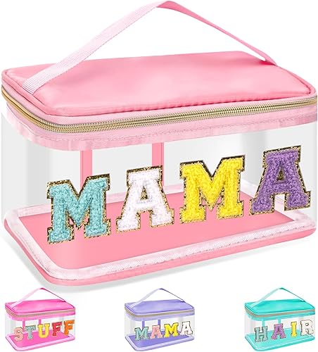 Miniatura 10 de izuzta Bolsas de maquillaje transparentes con letras de chenilla, bolsa de maquillaje de parche preppy con asa, BEBÉ-Beige